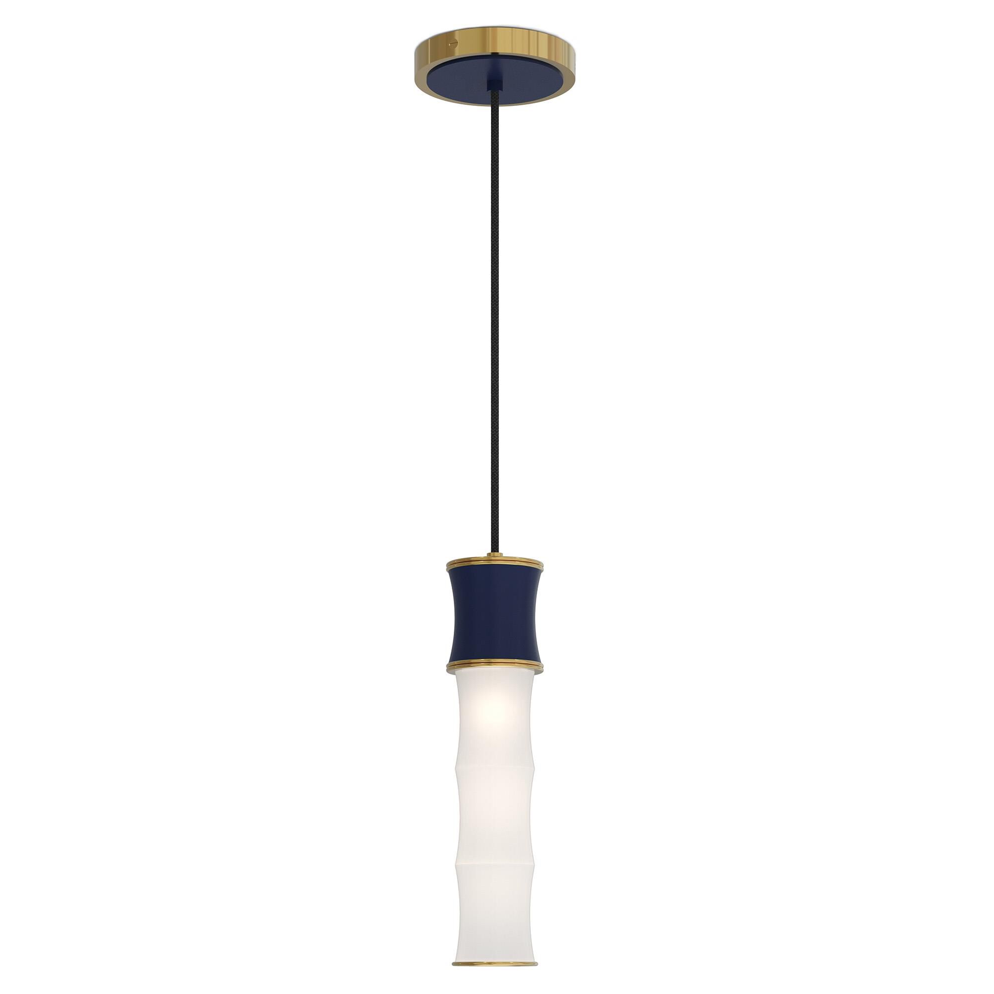 Shown in Matte Midnight Blue finish and White Frosted glass and Modern Brass accent