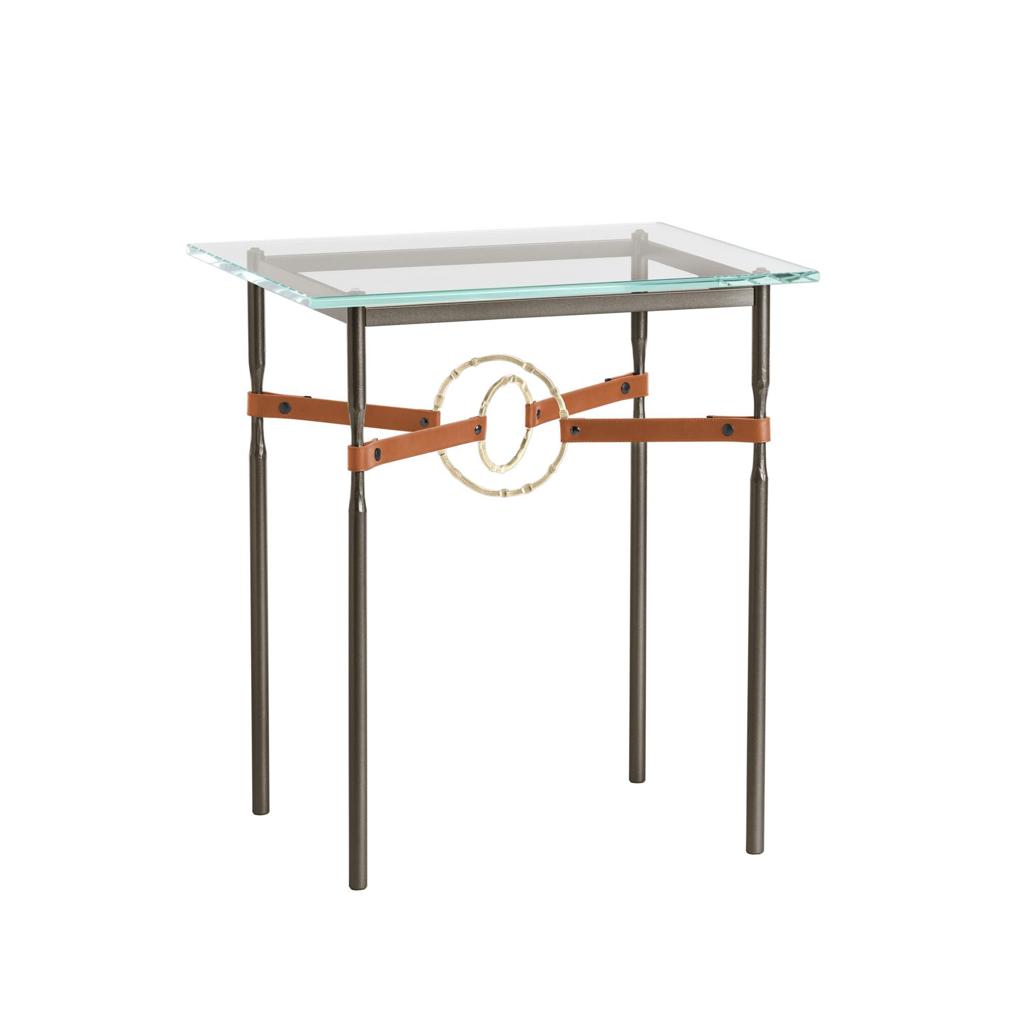 Shown in Oil Rubbed Bronze finish and Modern Brass Metal Detail with Chestnut Leather accent