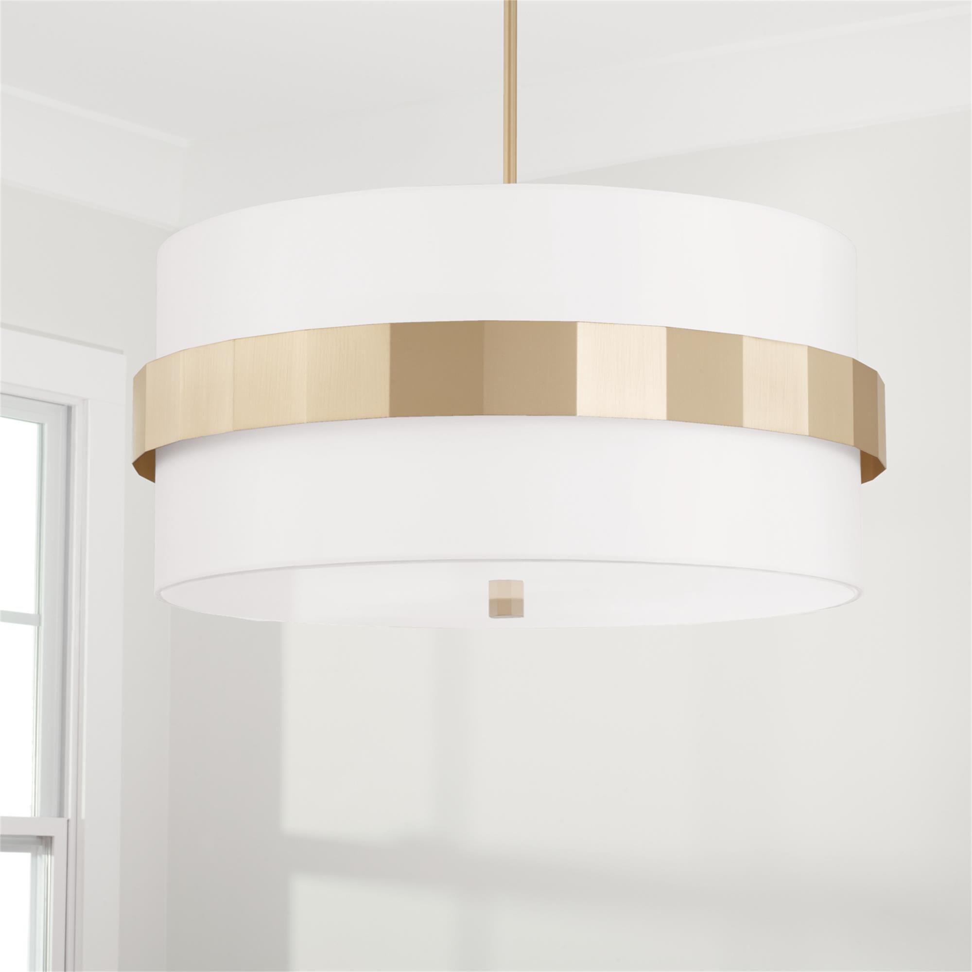 Shown in Soft Gold finish and White Fabric shade
