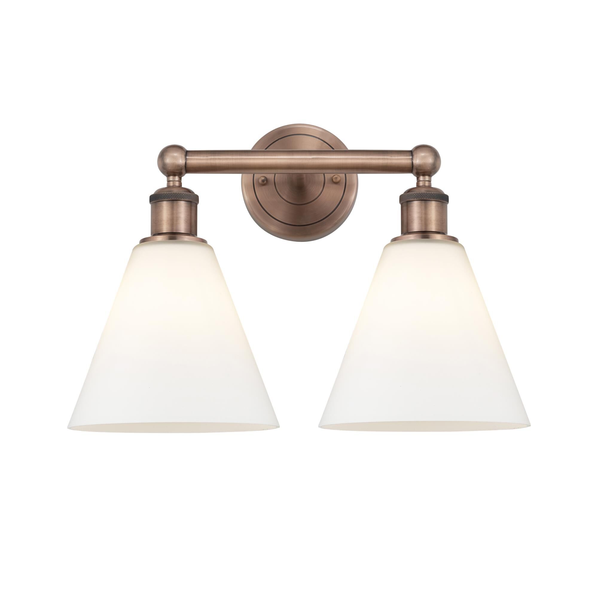 Shown in Antique Copper finish and Matte White glass