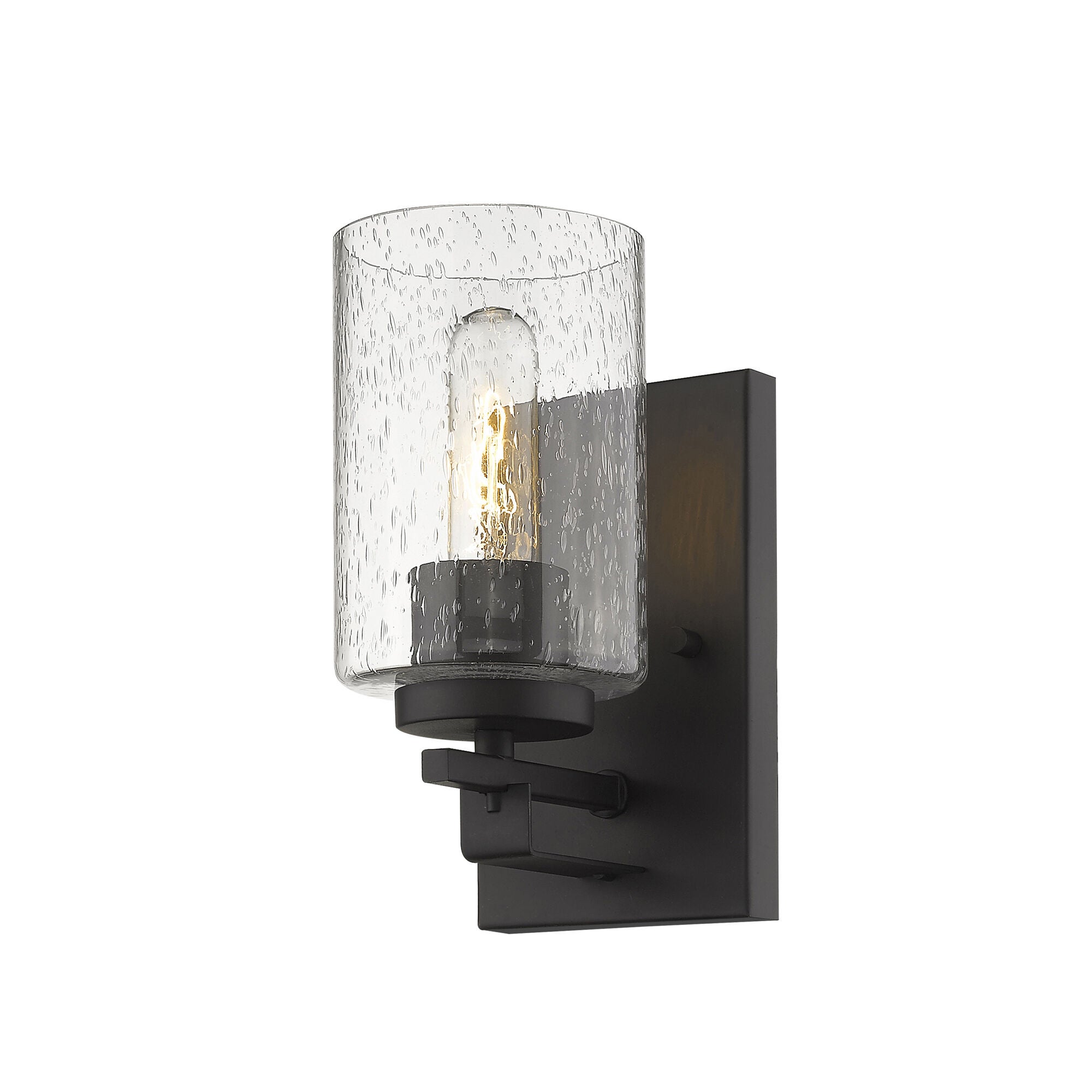 Shown in Oil-Rubbed Bronze finish and Clear glass and Clear, Seeded Cylindrical Glass shade