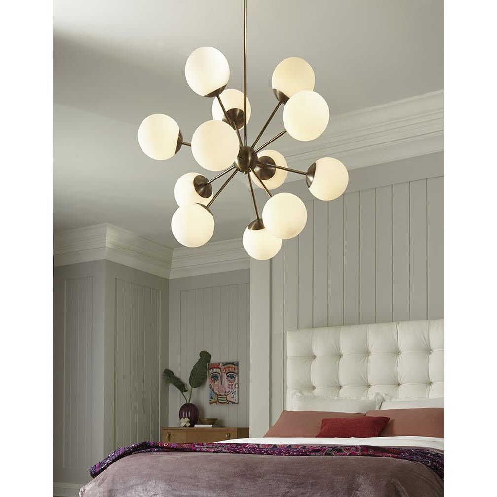 Shown in Antique Brass finish and Opal Globe glass