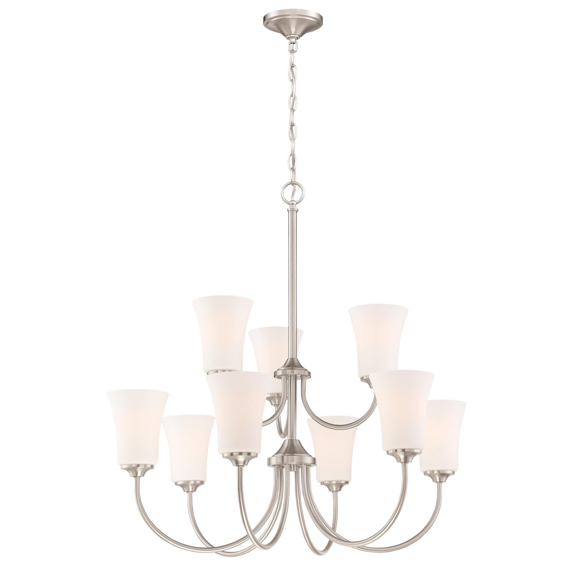 Shown in Brushed Polished Nickel finish and White Frosted glass and Glass shade