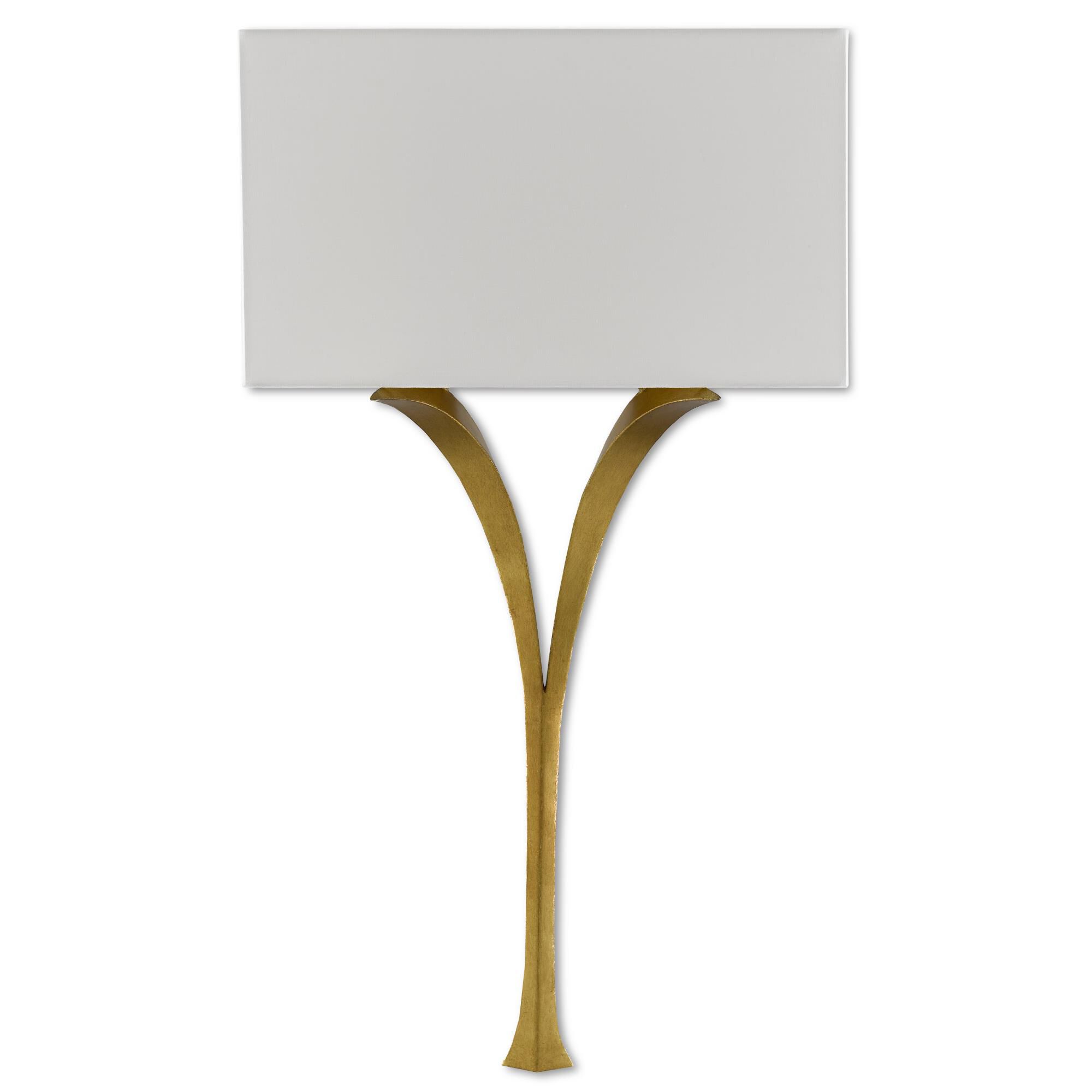 Shown in Antique Gold Leaf finish and White Linen shade
