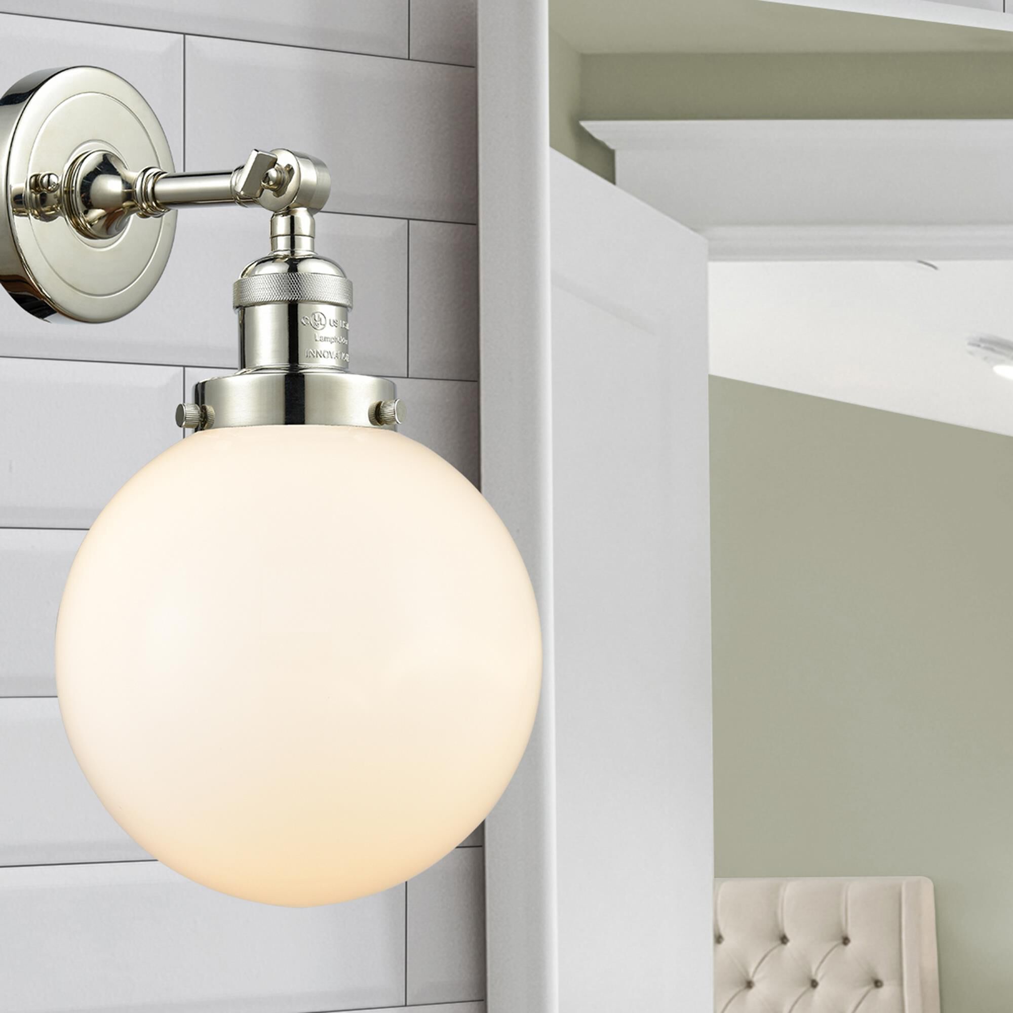 Shown in Polished Nickel finish and Matte White Cased glass and No Accent accent