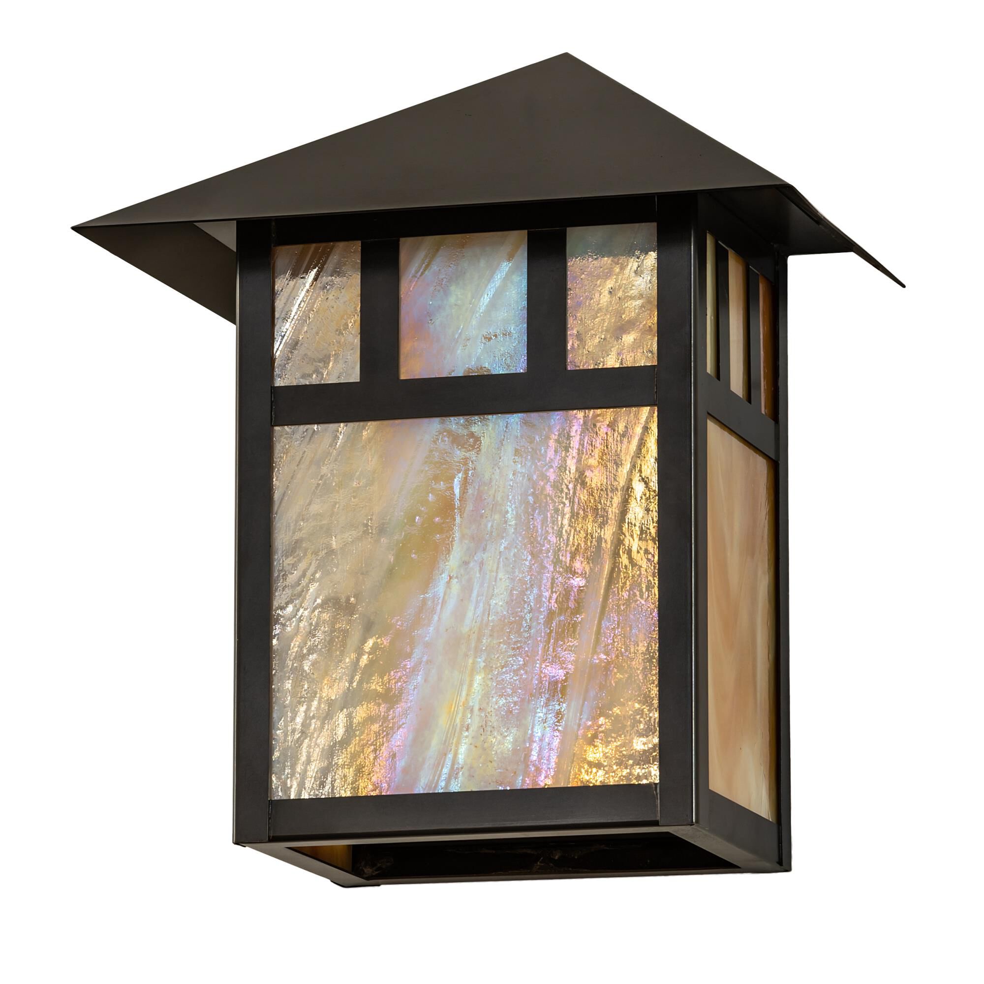 Shown in Craftsman Brown Finish finish and Beige;Iridescent glass