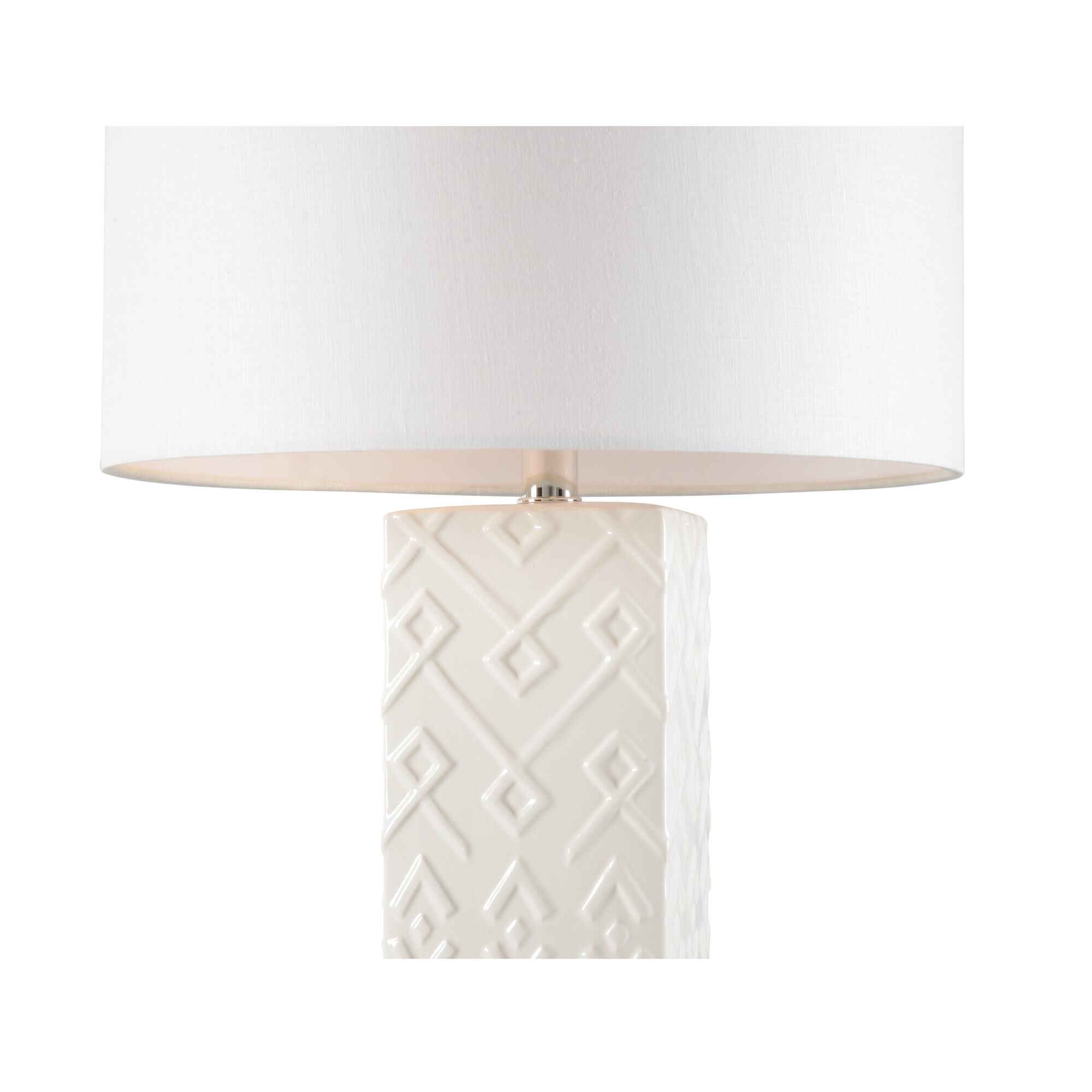 Shown in White Glaze and Clear finish and Off White Linen shade