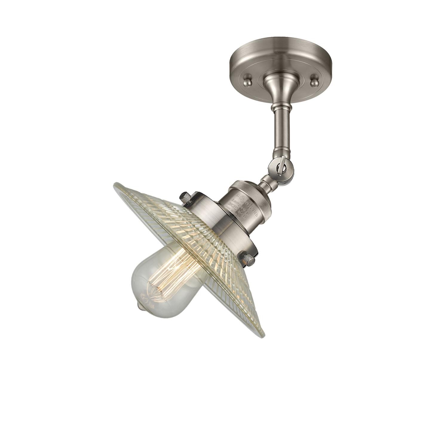 Shown in Brushed Satin Nickel finish and Clear Halophane glass