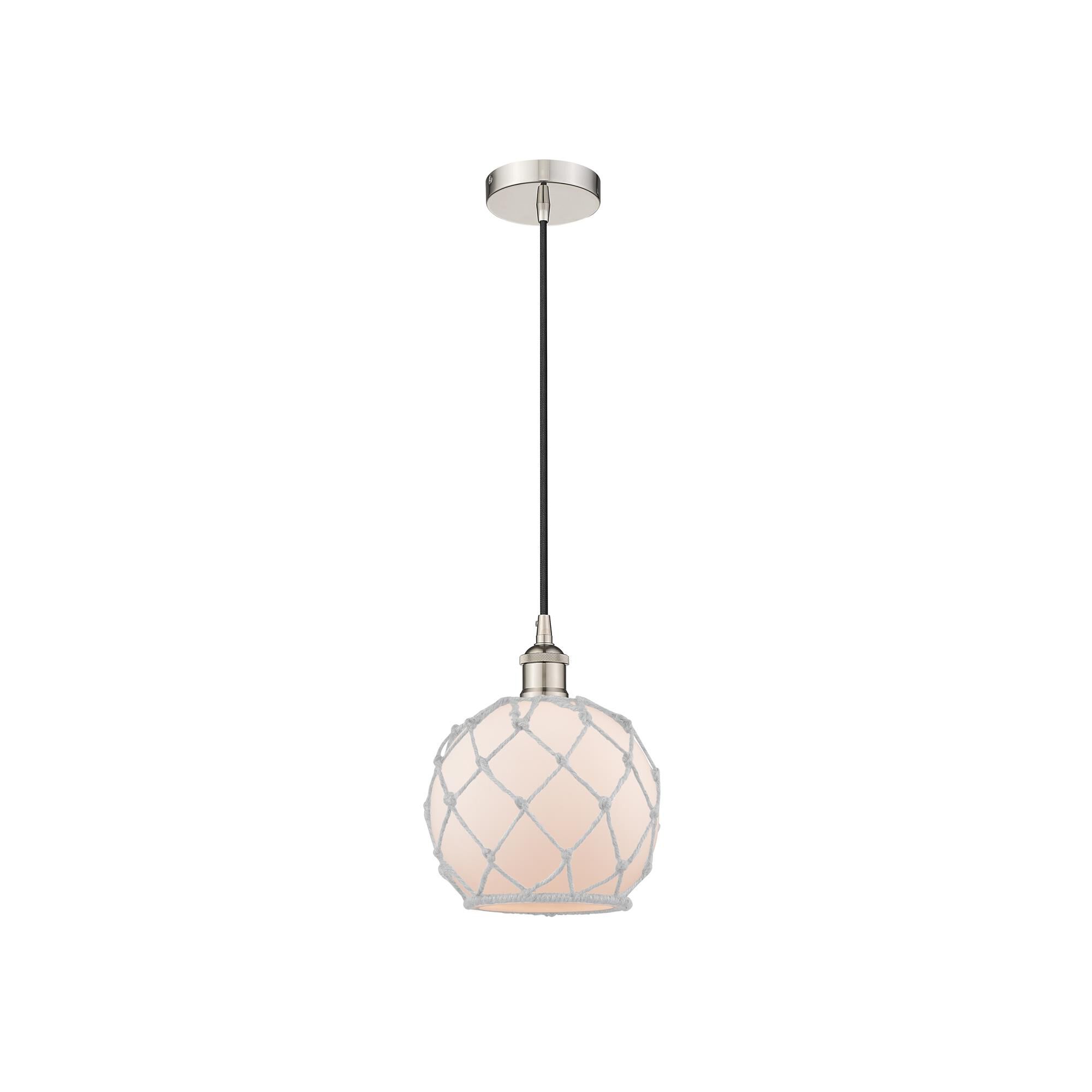 Shown in Polished Nickel finish and White Farmhouse With White Rope glass and No Shade shade