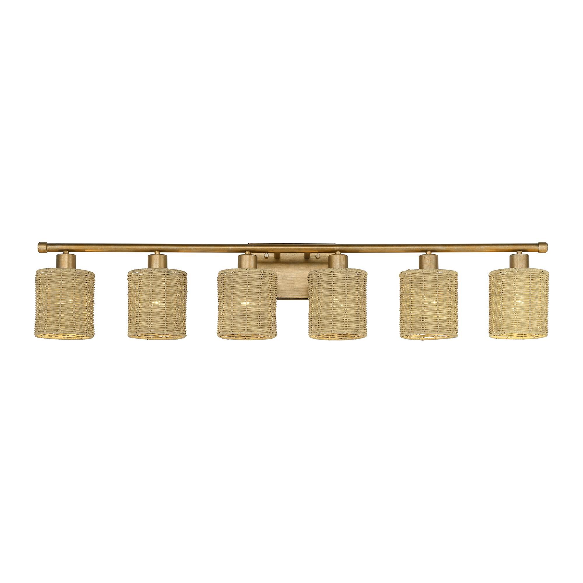 Shown in Antique Gold Leaf finish and Hand-Woven Rustic Walnut Color Rattan shade