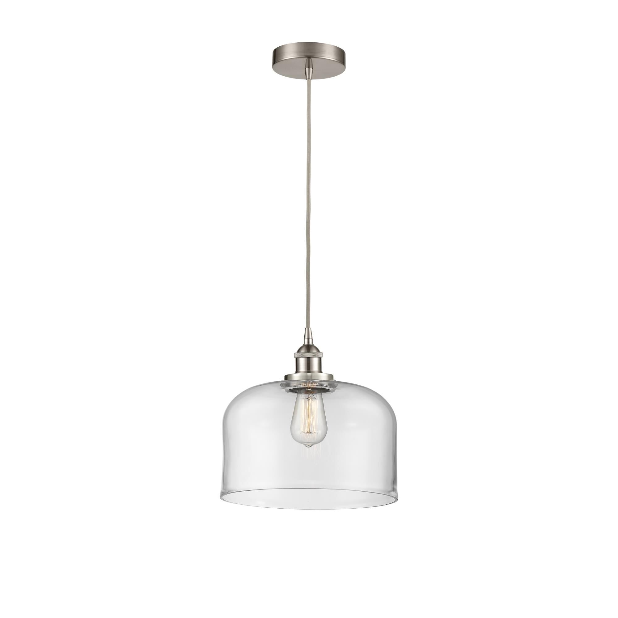 Shown in Brushed Satin Nickel finish and Clear X-Large Bell glass