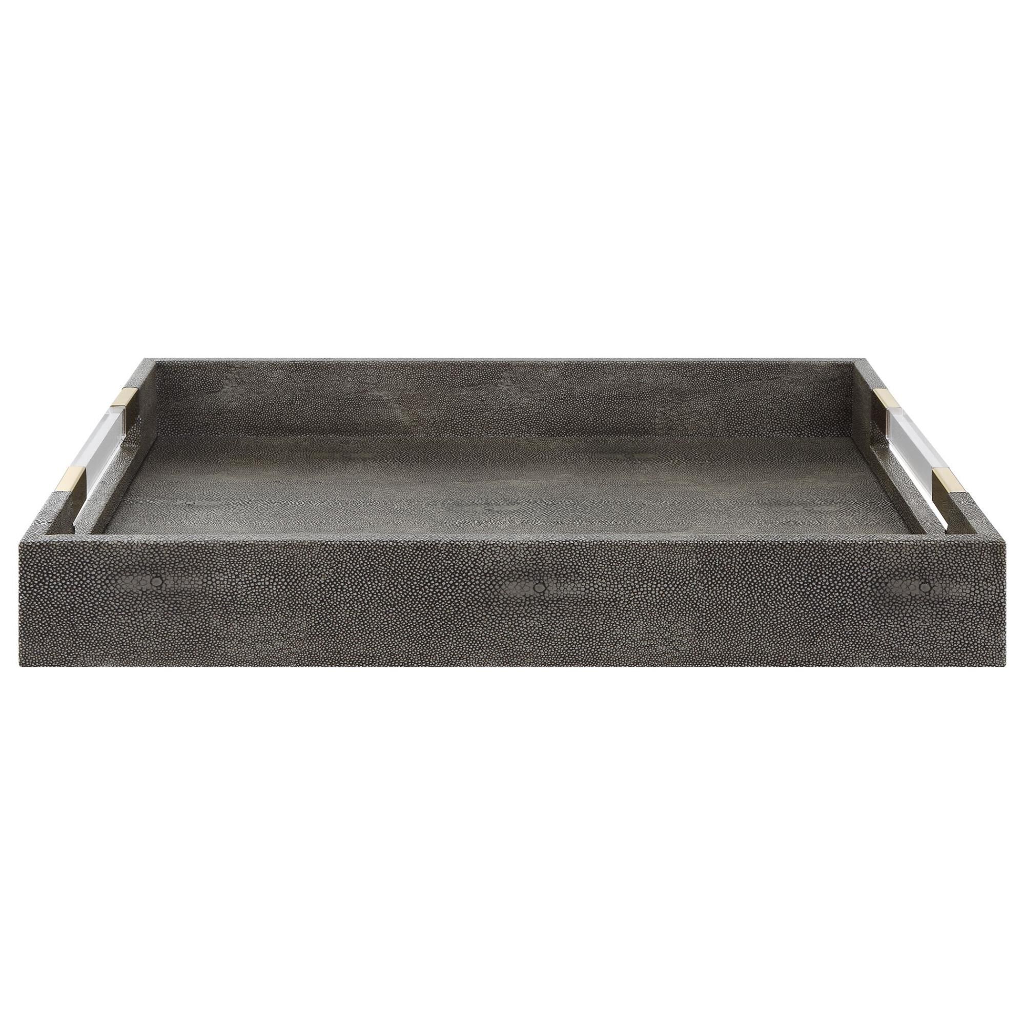 Shown in Tray Is Covered In An Elegant Gray Faux Shagreen With Clear Acrylic Handles And Aged Gold Accents. finish