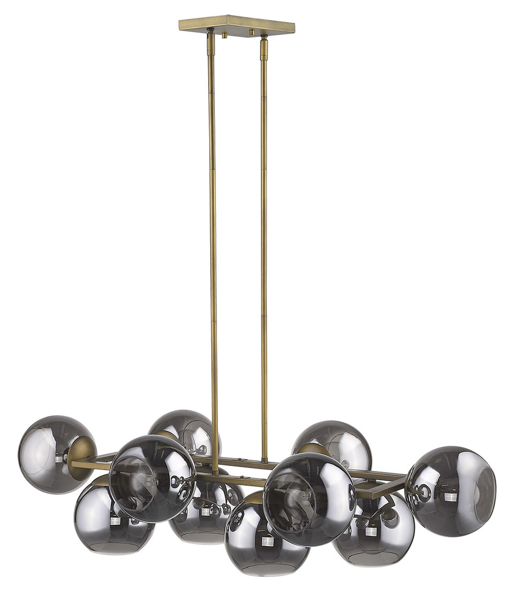 Shown in Aged Brass finish and Smoke glass and Smoke Glass Globes shade