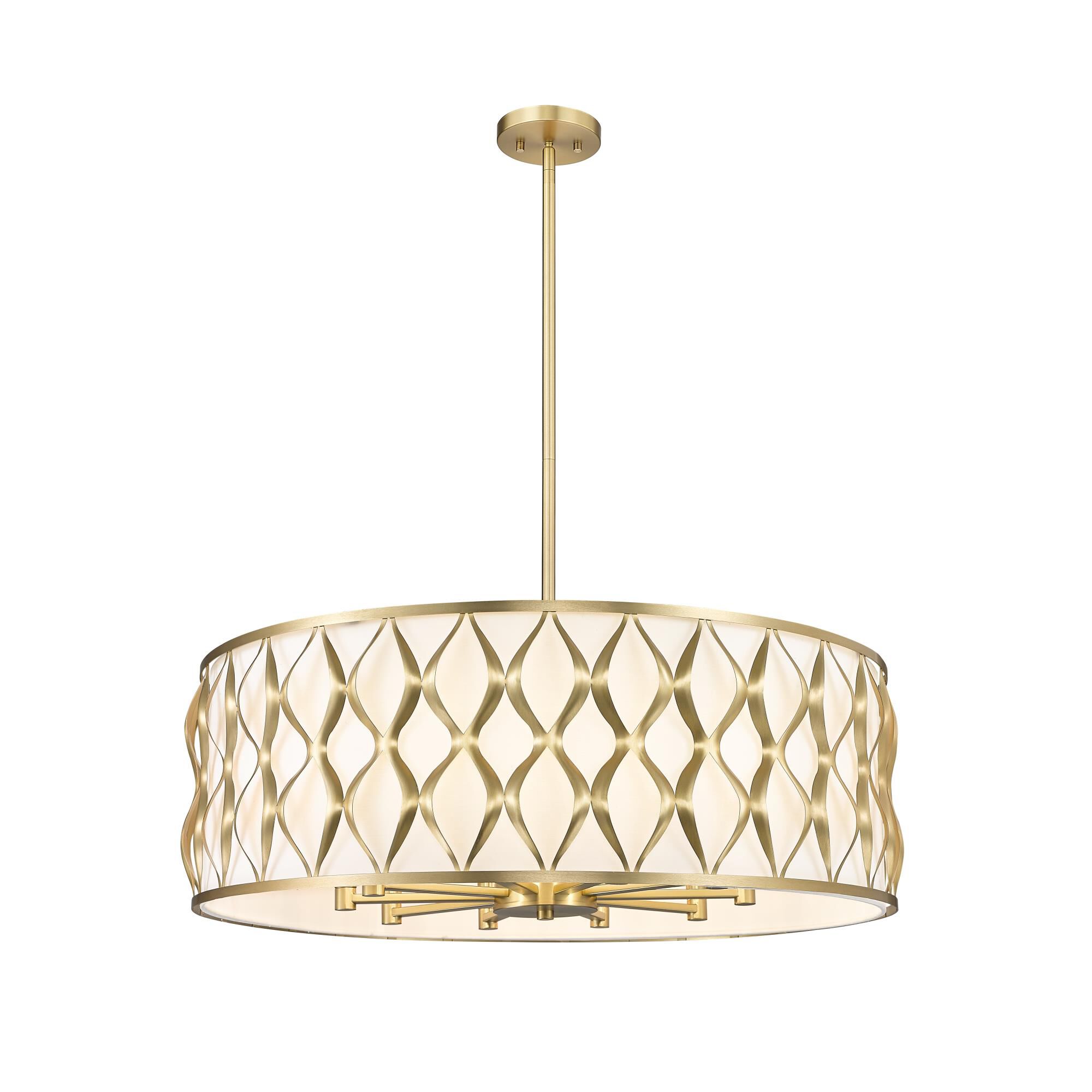 Shown in Modern Gold finish and White glass and White shade