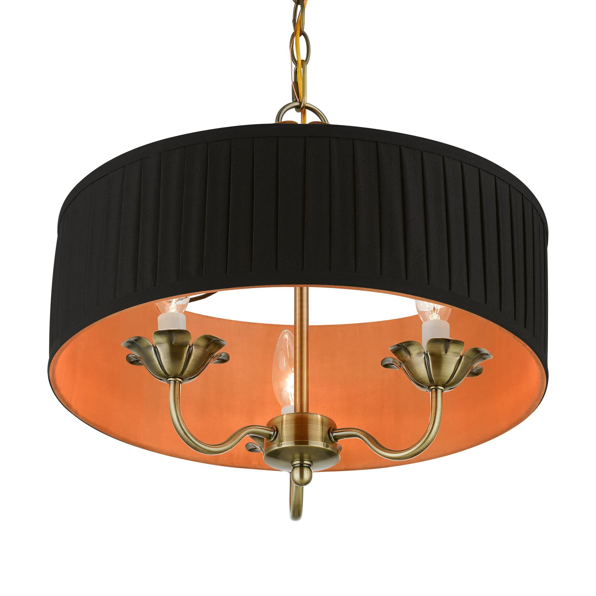 Shown in Antique Brass finish and Black Fabric Hardback with Orange Fabric Inside shade