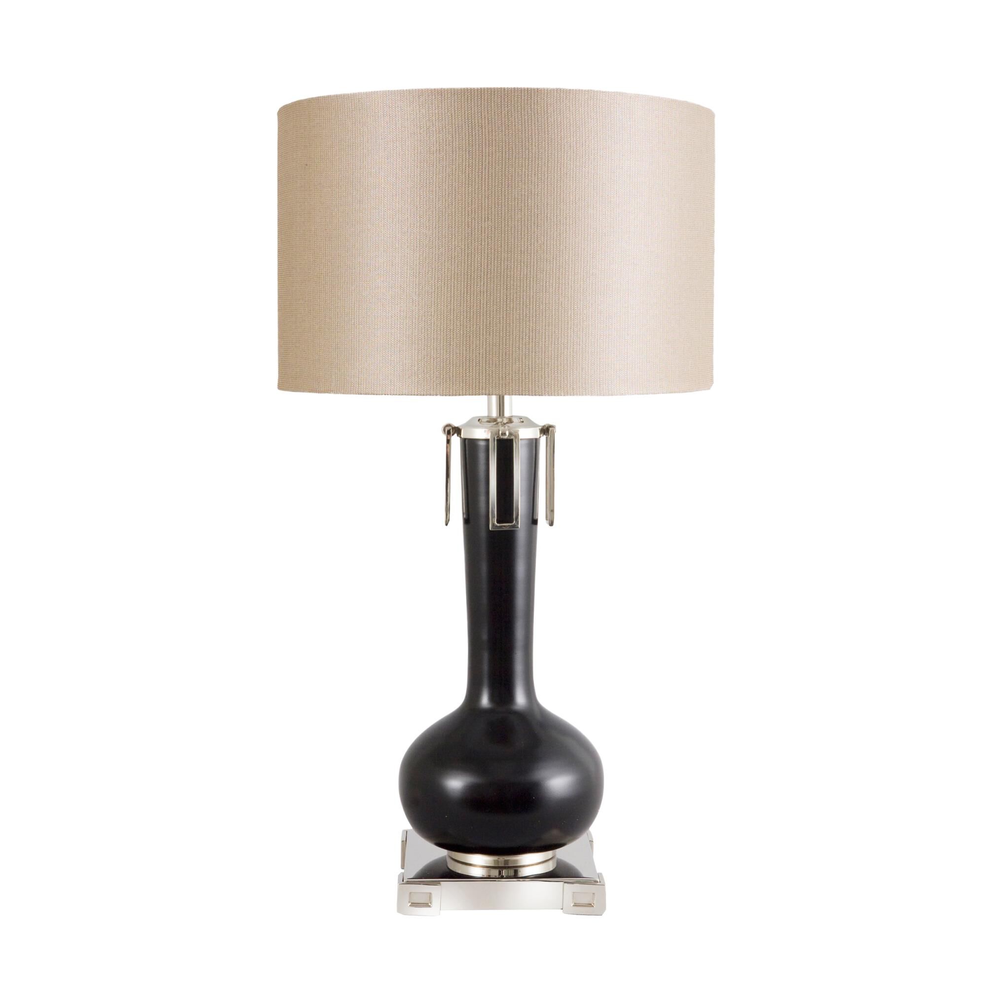 Shown in Black and Polished Nickel finish and Linen shade