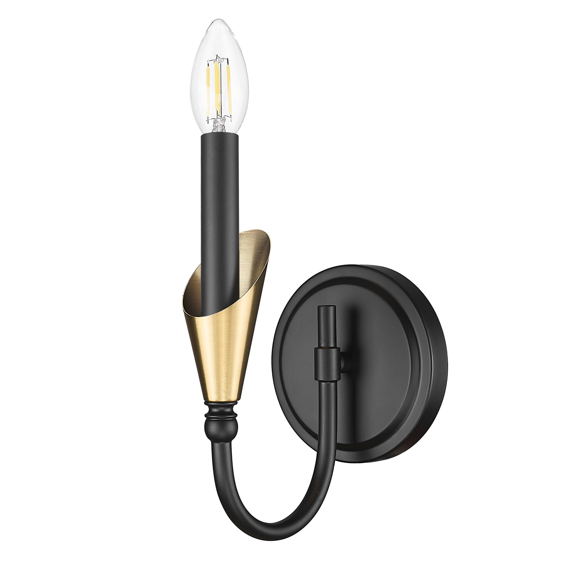 Shown in Matte Black And Modern Gold finish and White glass and White shade