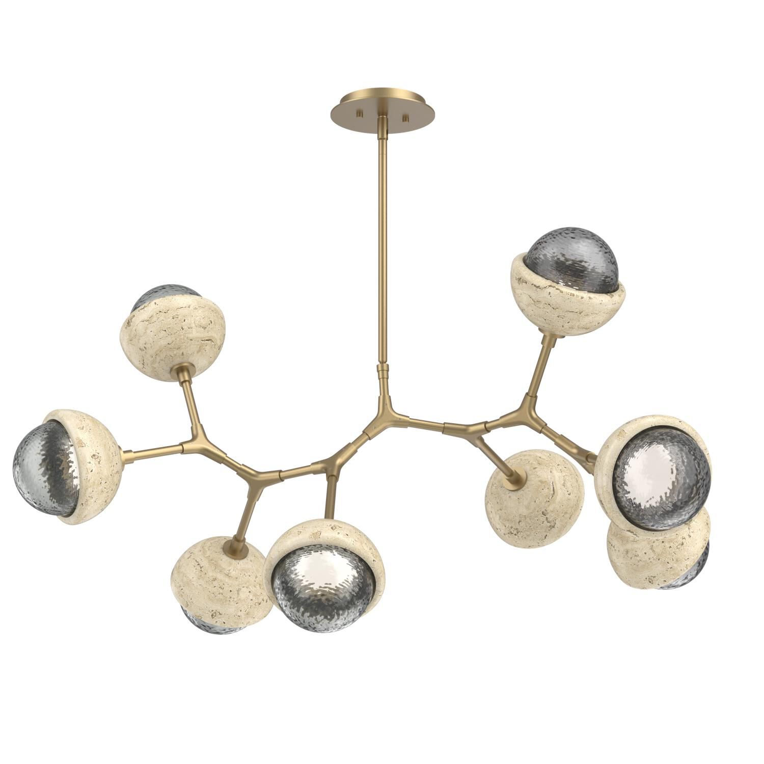 Shown in Gilded Brass finish and Smoke glass and Travertine Stone accent