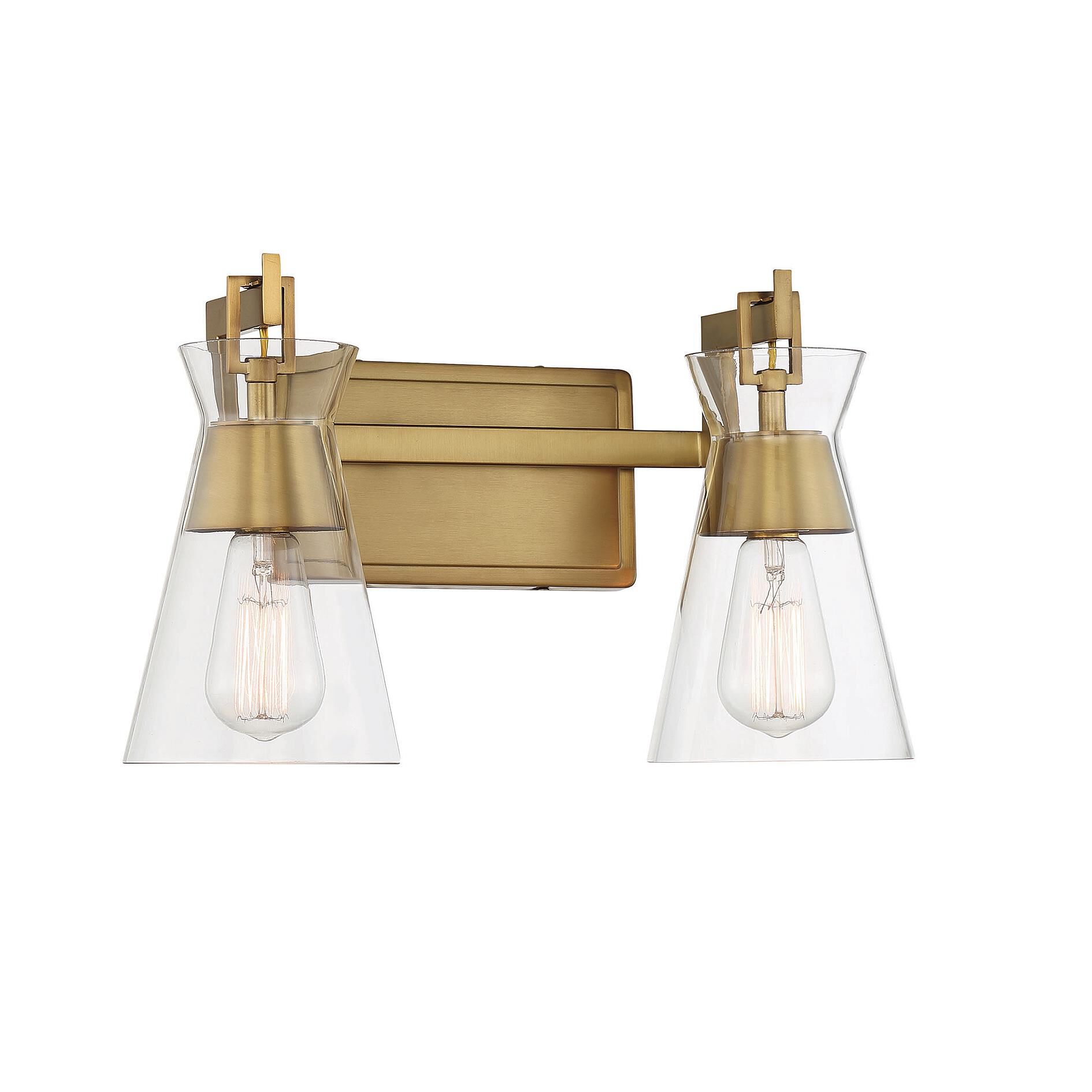 Shown in Warm Brass finish and Clear glass and Glass shade