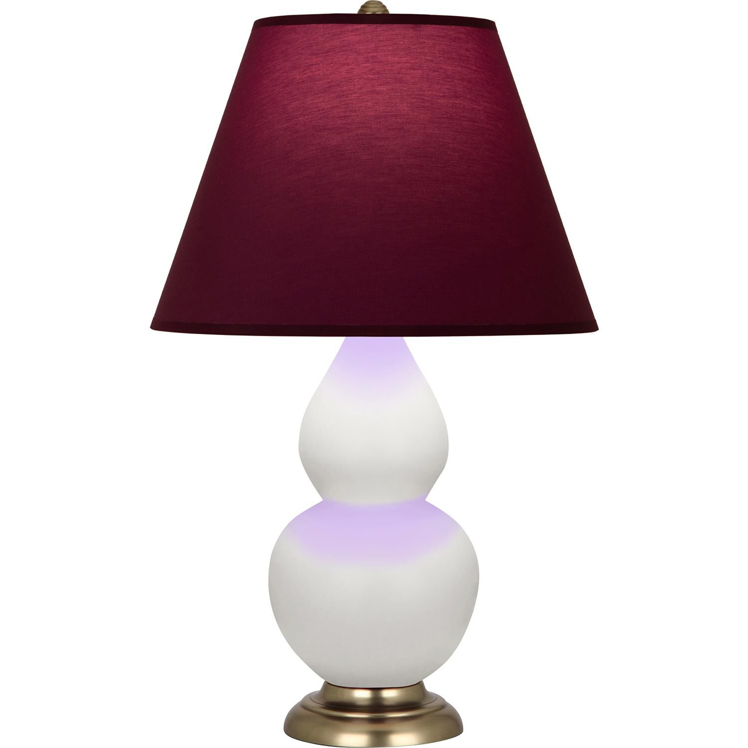 Shown in Matte Lily finish and Plum and Lavender shade and Antique Natural Brass accent