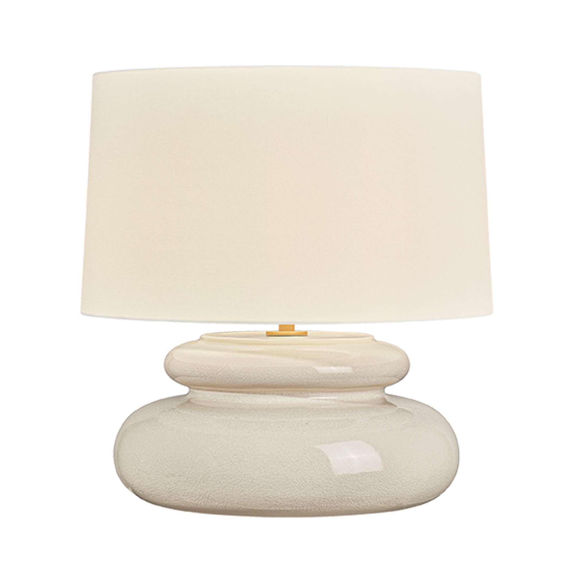 Shown in Aged Brass and Ceramic Butter Crackle finish and White Linen shade