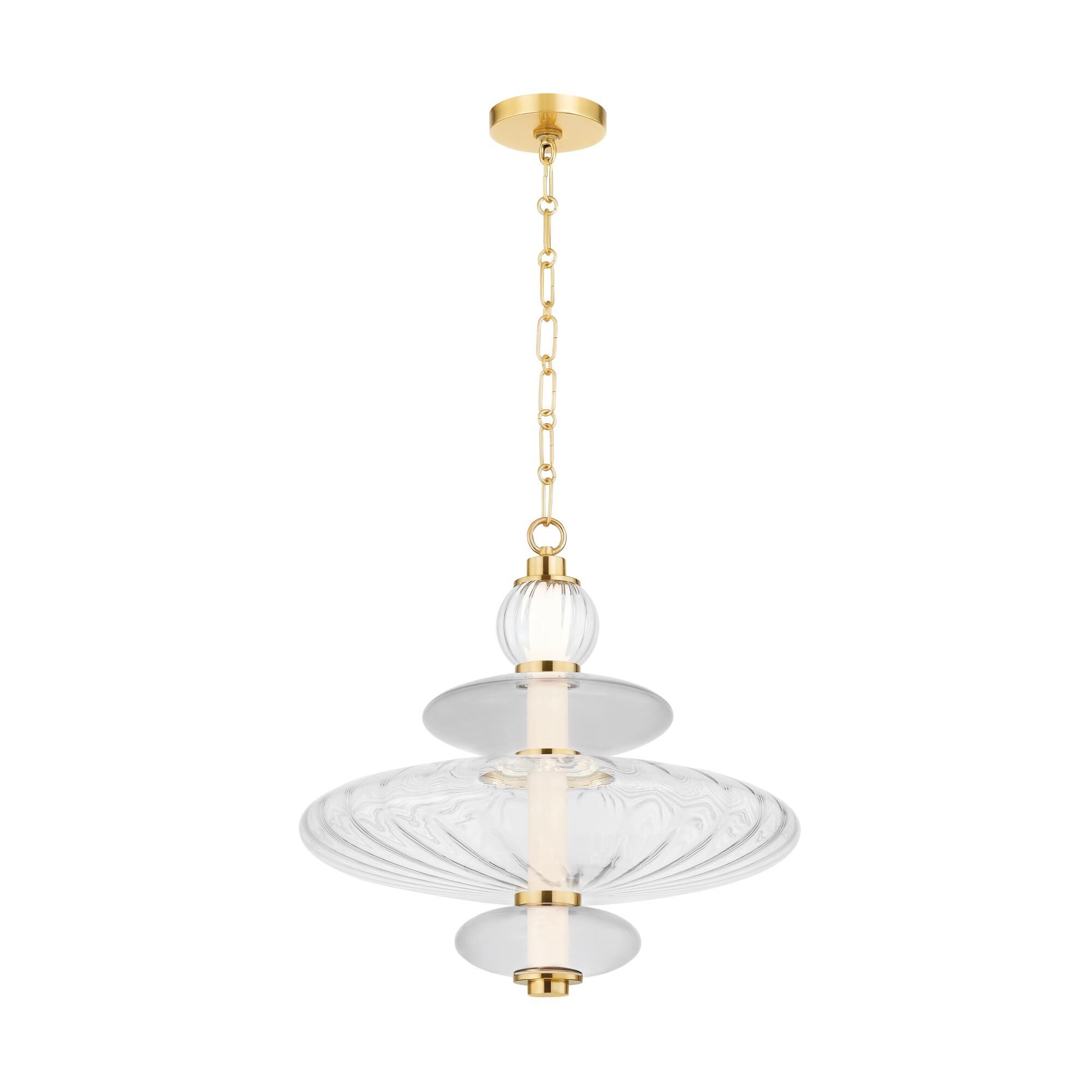 Shown in Aged Brass finish and Clear Optic glass