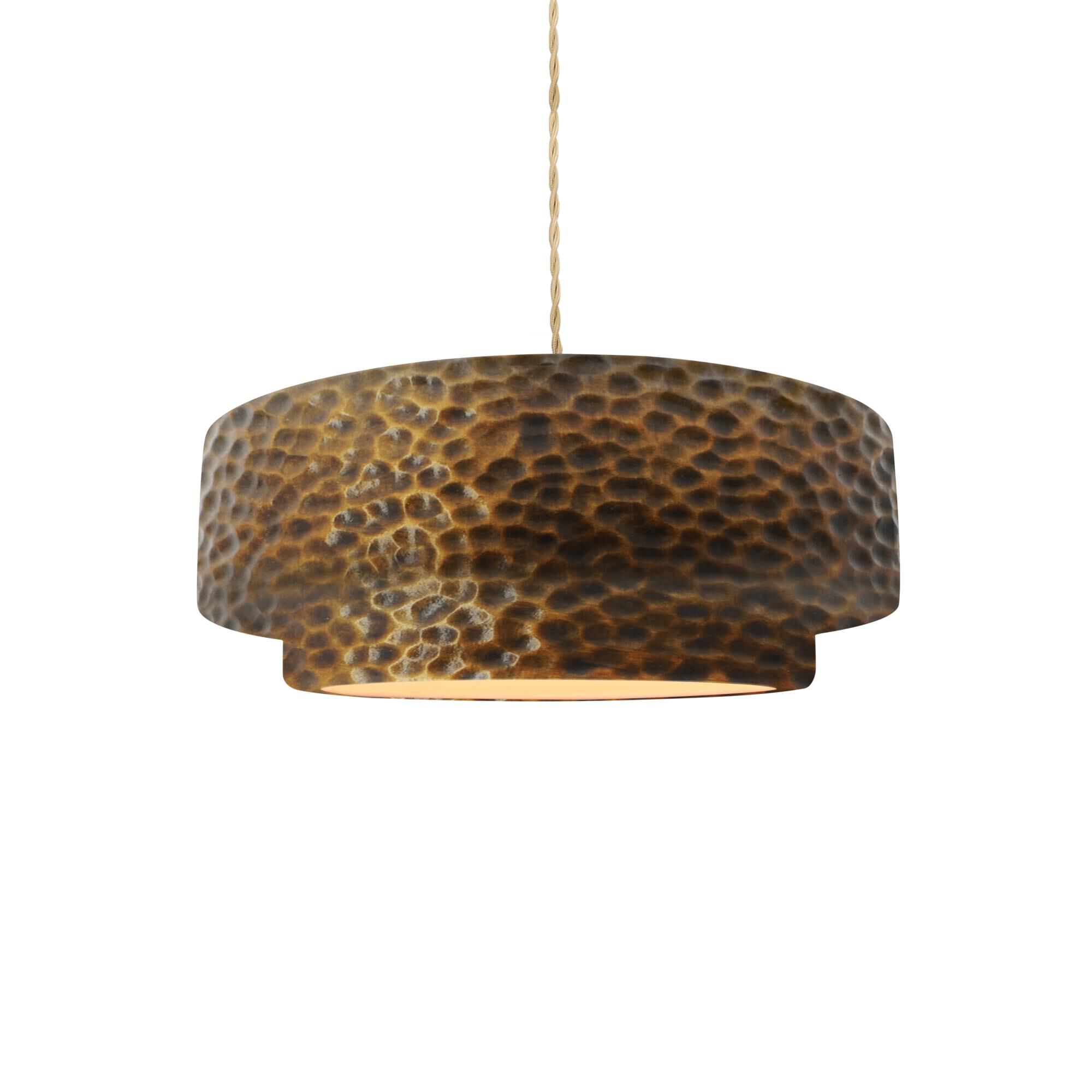 Shown in Brushed Nickel finish and Hammered Brass shade
