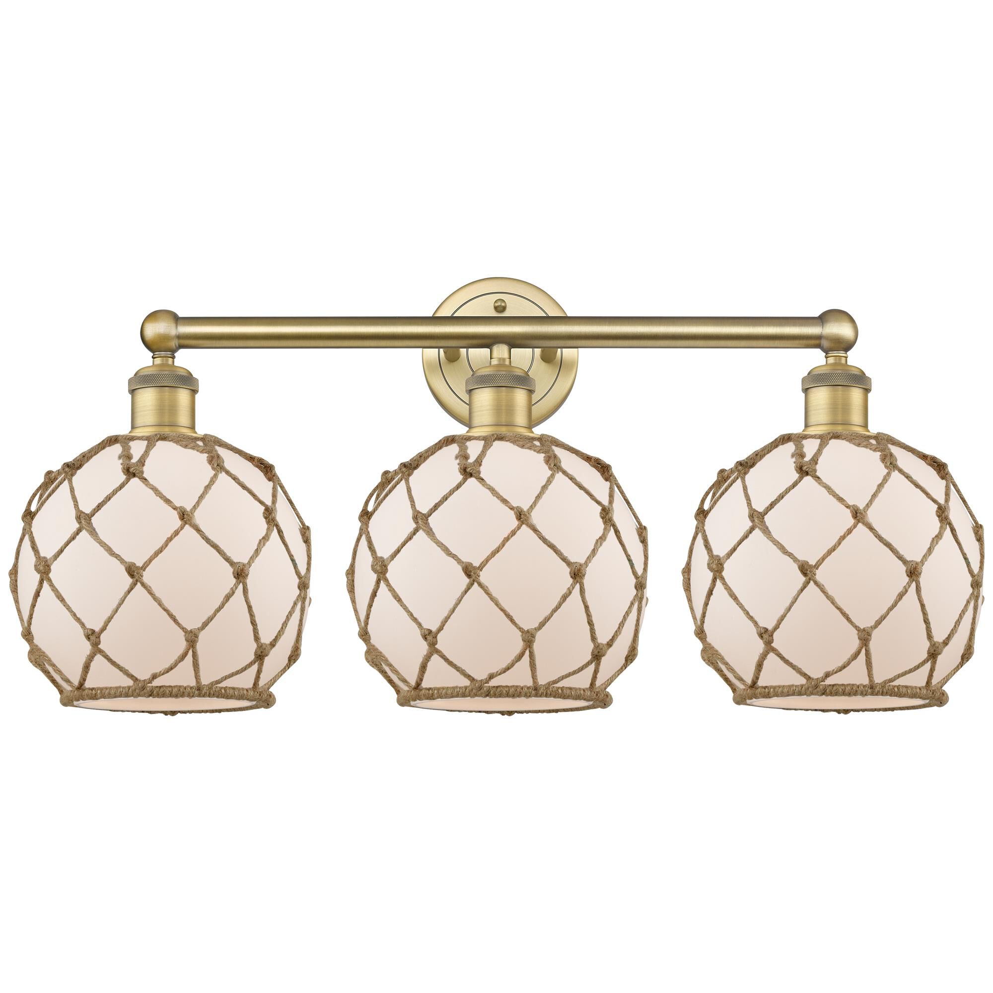 Shown in Brushed Brass finish and White with Brown Rope glass