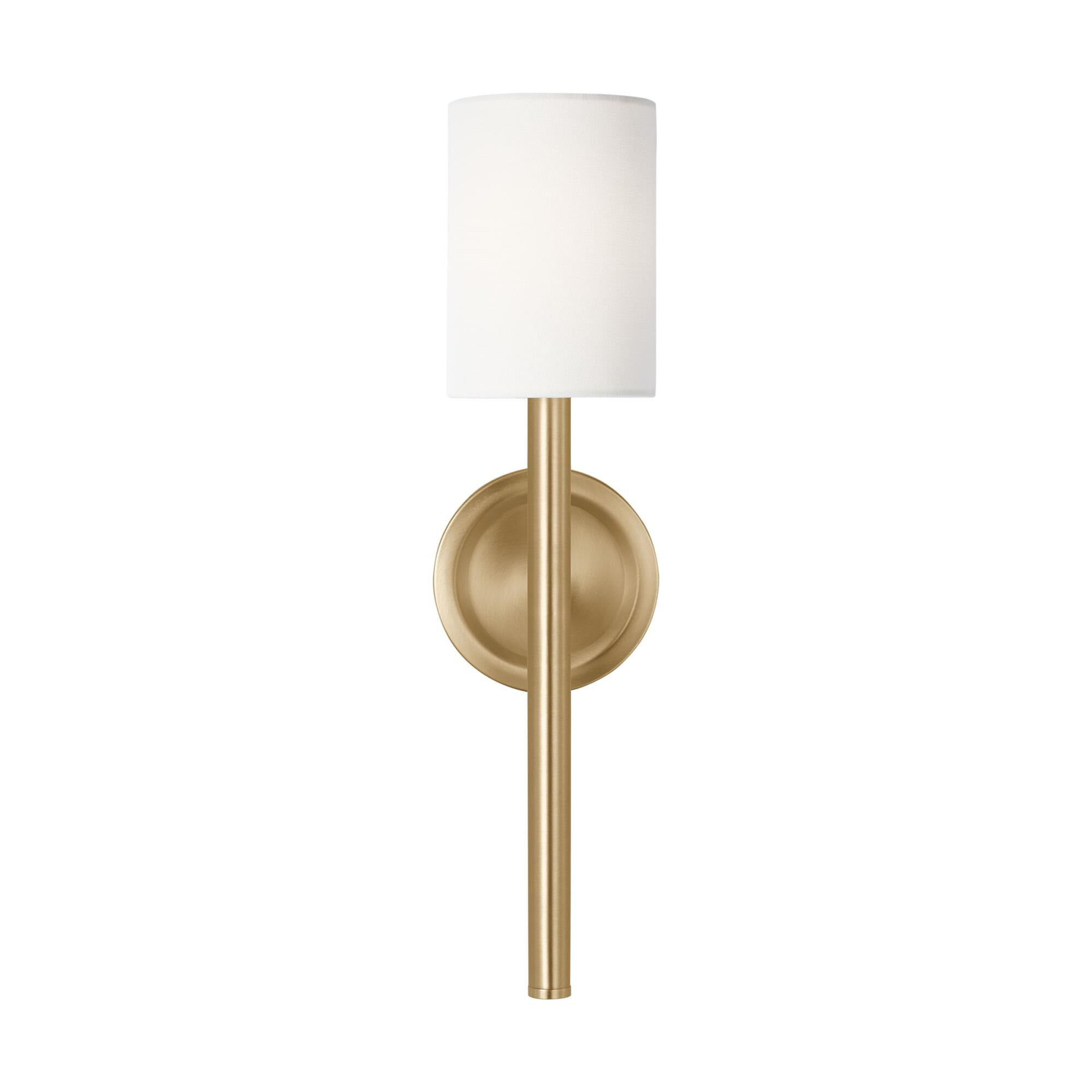 Shown in Satin Brass finish and White Linen shade