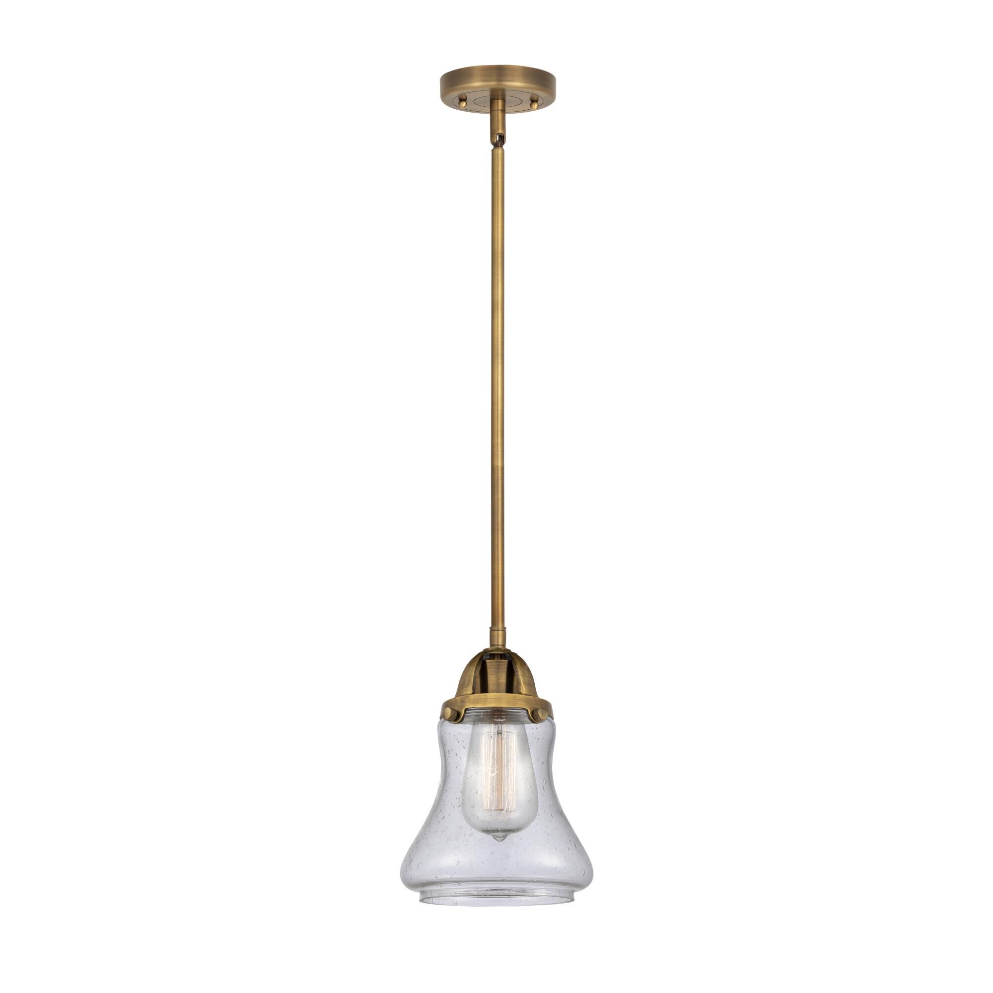 Shown in Brushed Brass finish and Seedy Bellmont glass and No Shade shade