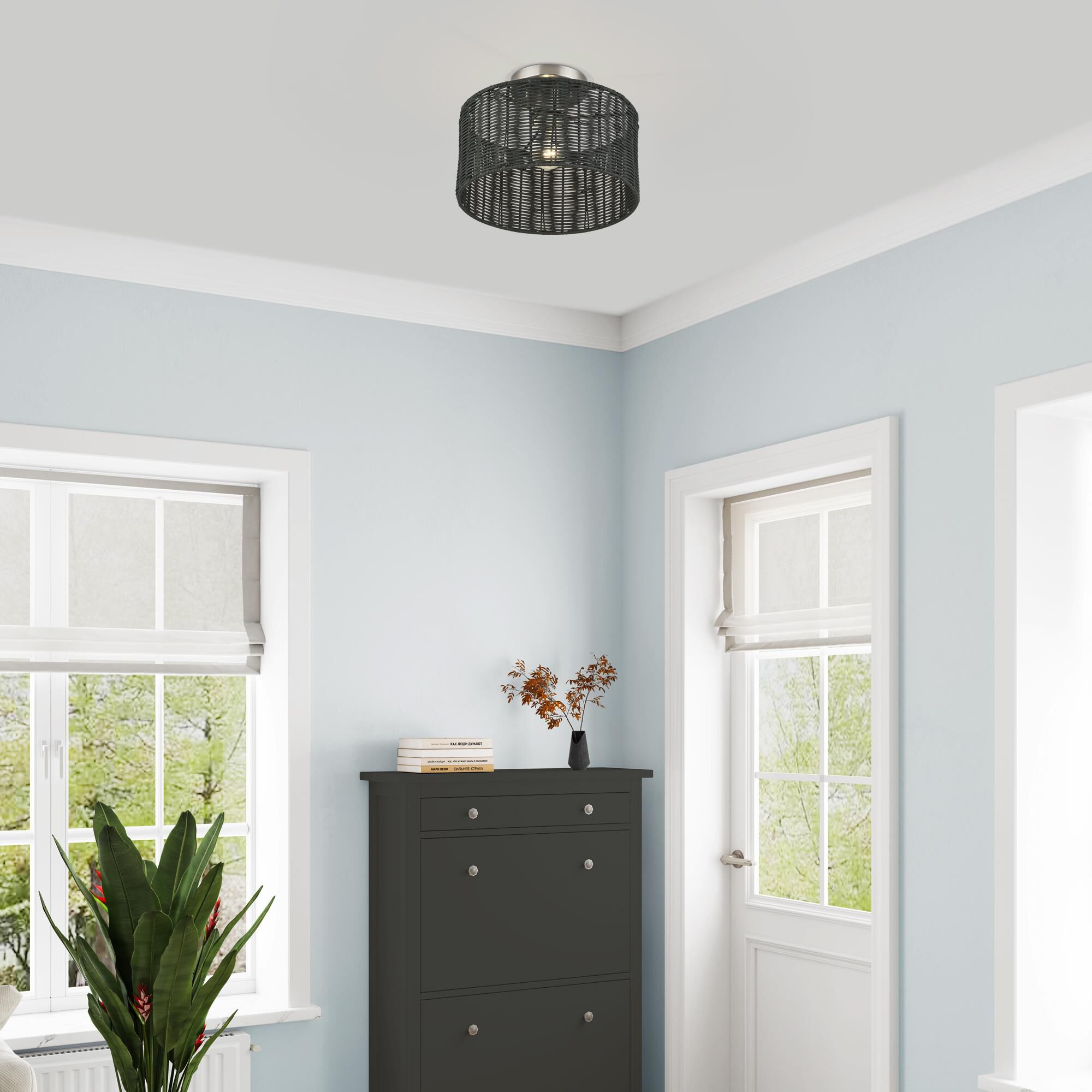 Shown in Brushed Nickel finish and Hand-Woven Charred Gray Color Rattan shade