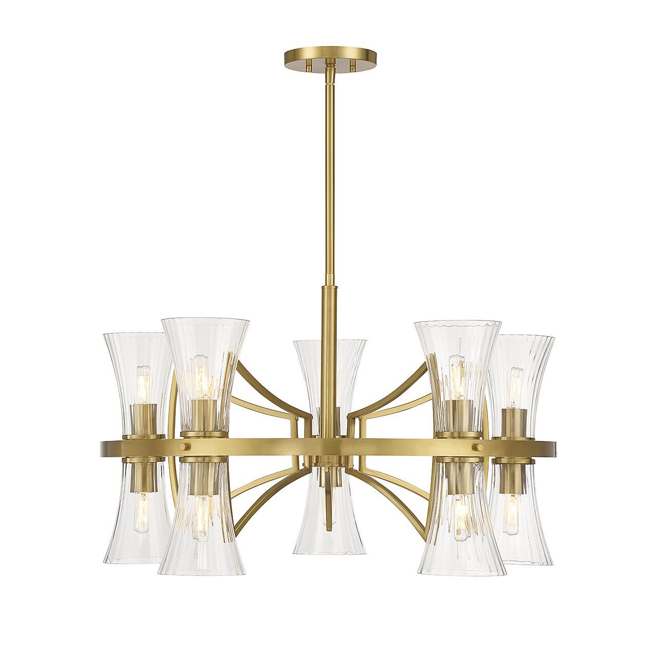Shown in Warm Brass finish and Clear Ribbed glass and Glass shade