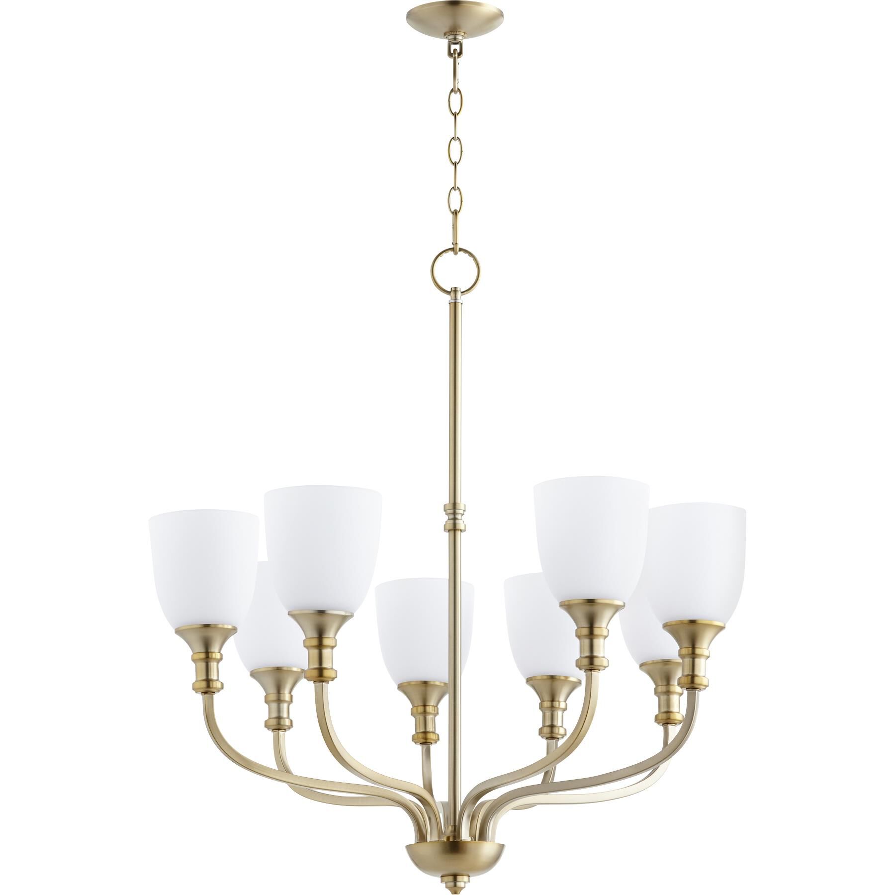 Shown in Aged Brass finish and Satin Opal shade