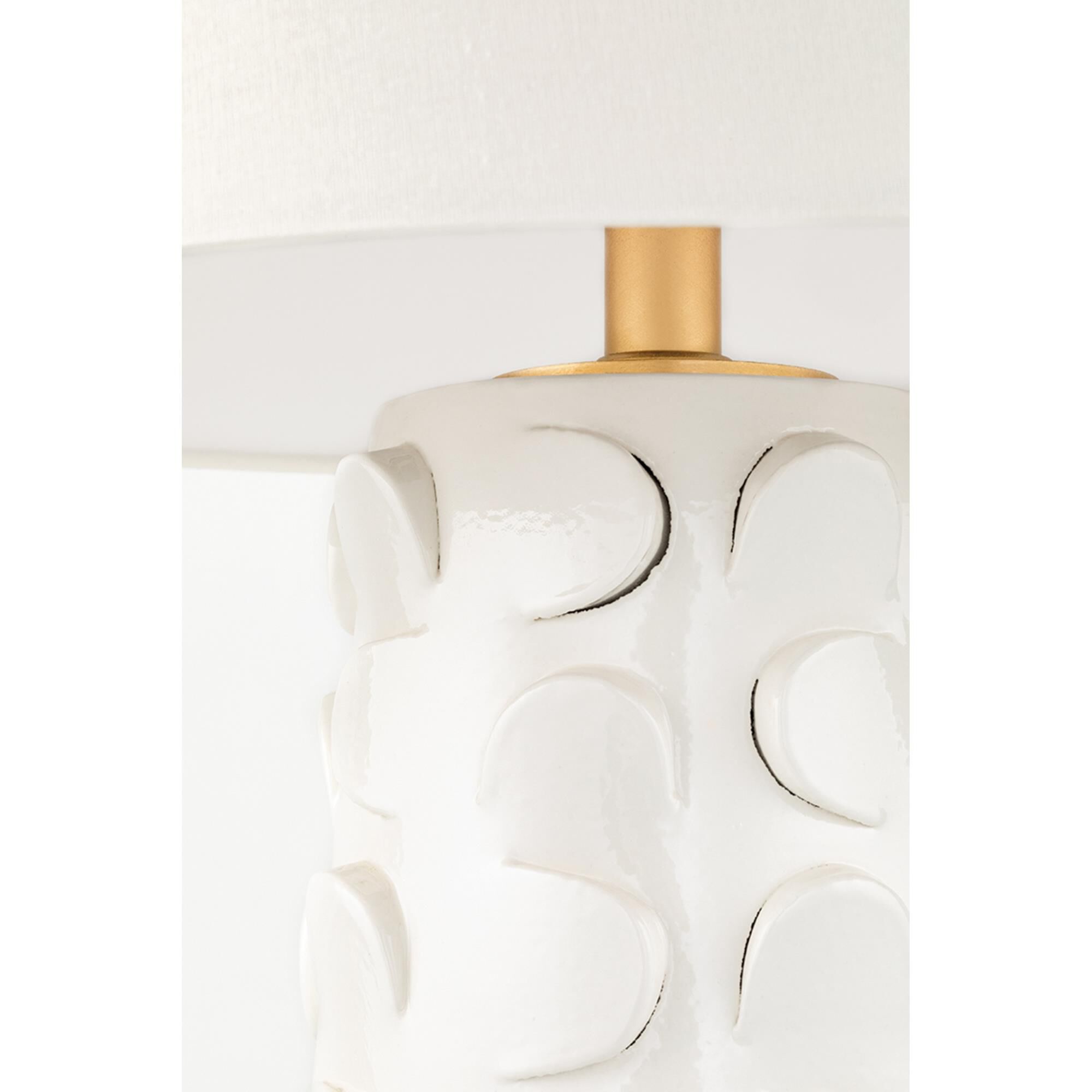 Shown in White Lustro - Gold Leaf Combo finish and Off White Belgian Linen shade