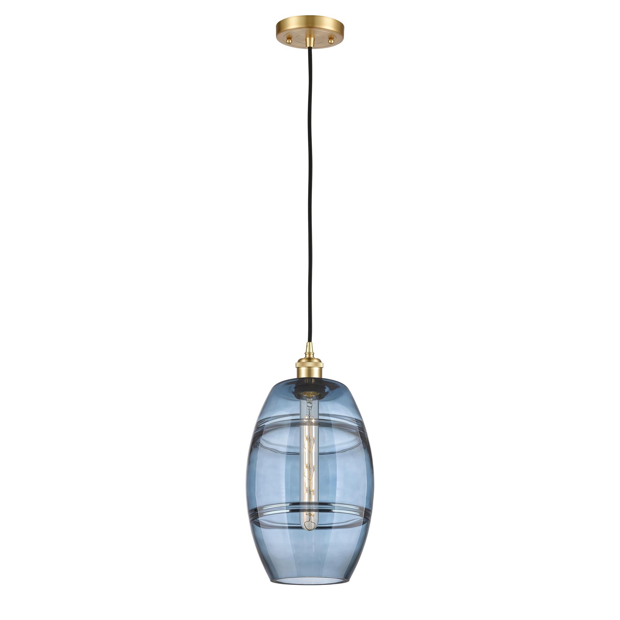 Shown in Satin Gold finish and Princess Blue glass