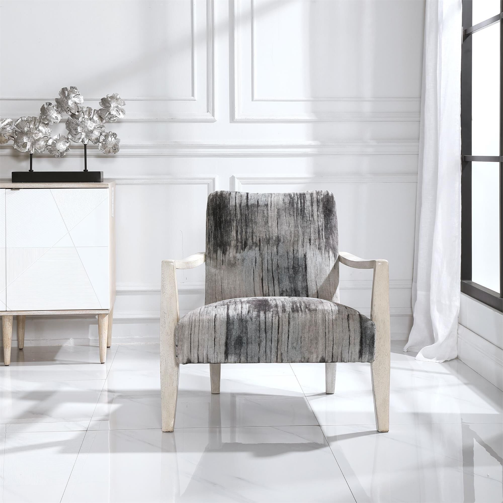 Shown in Reminiscent Of Tie Dye, This Statement Accent Chair Features A Unique Abstract Charcoal, Gray And Bl finish