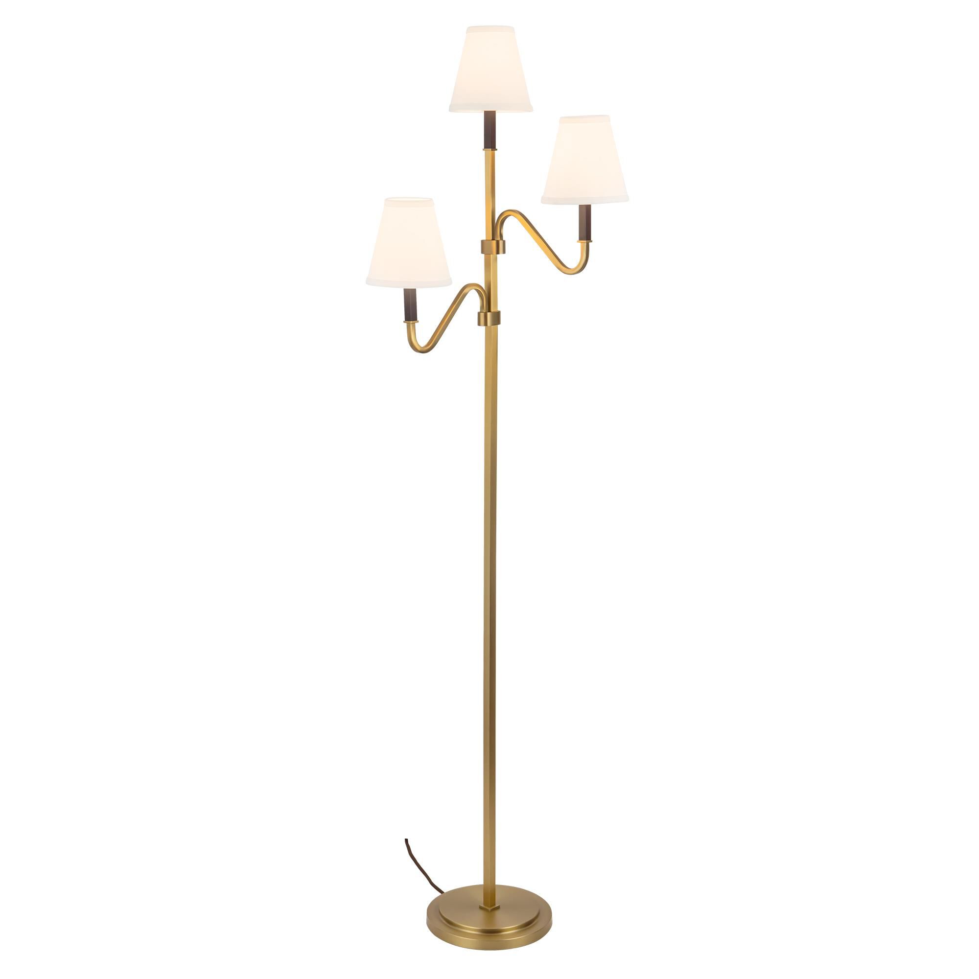 Shown in Brushed Gold finish and White Linen shade