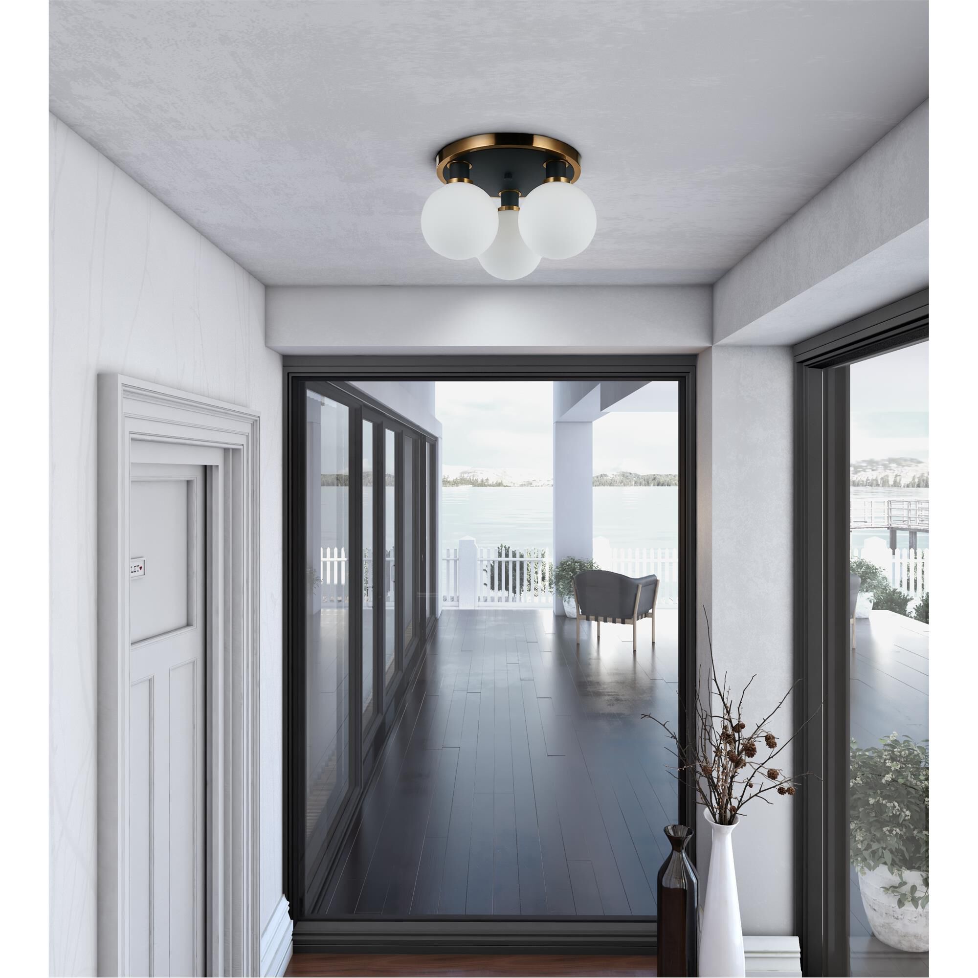 Shown in Black and Brushed Brass finish and White glass