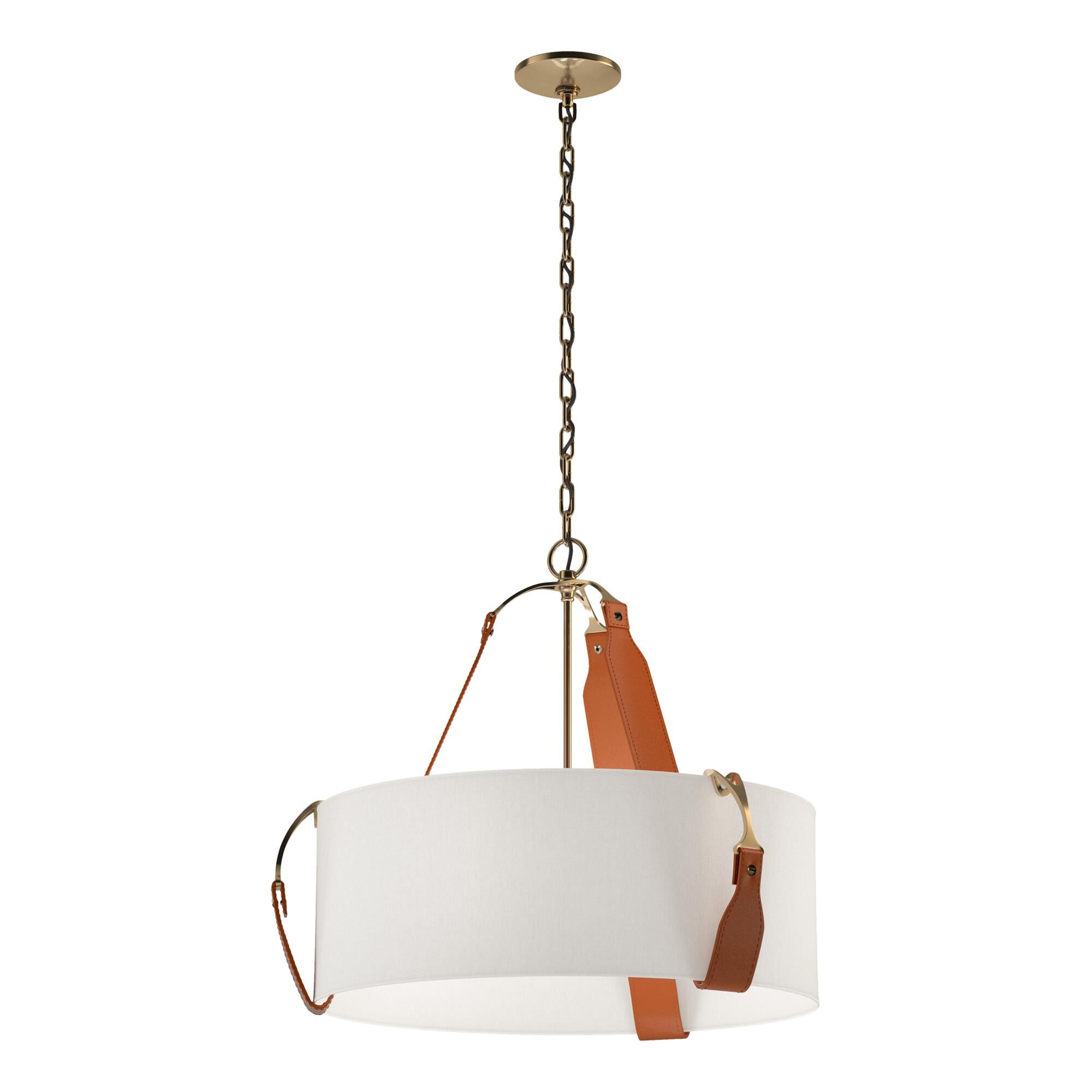 Shown in Antique Brass finish and Flax shade and Leather Chestnut accent