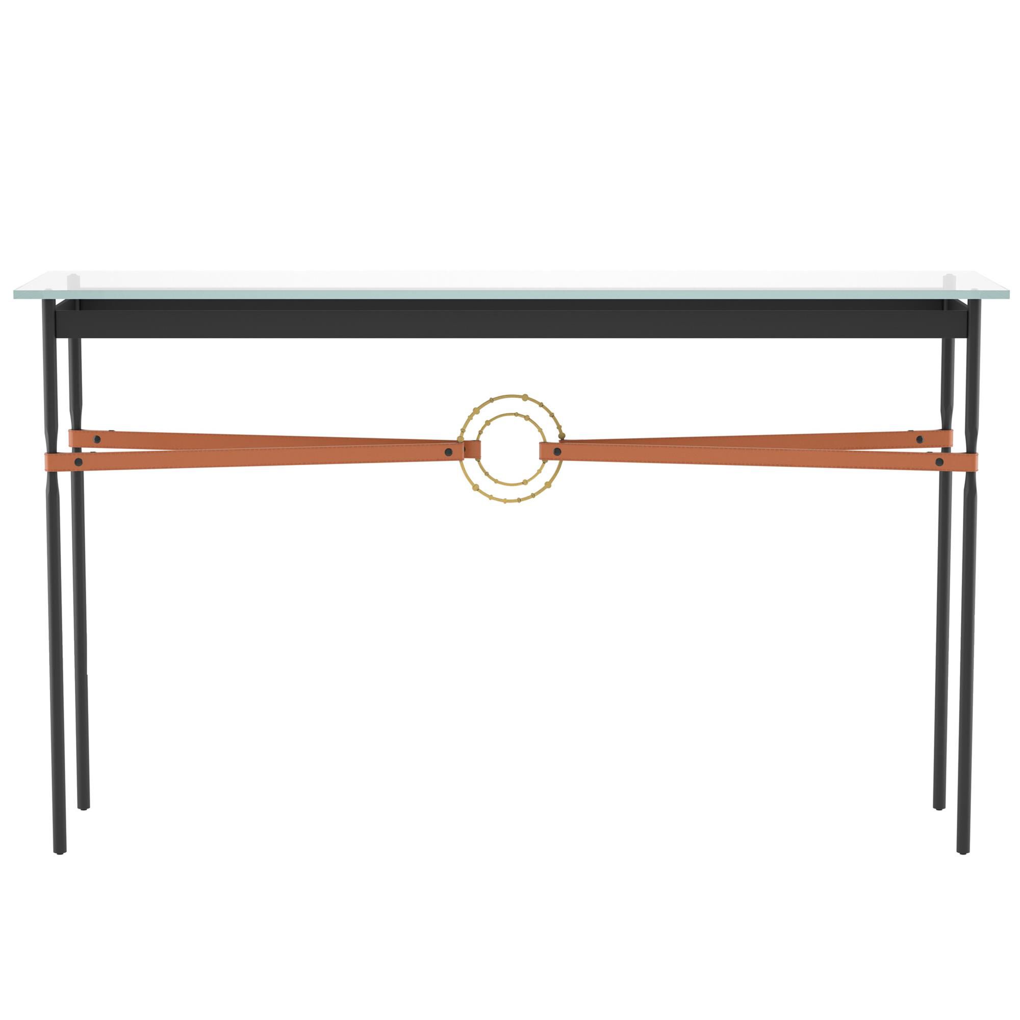 Shown in Black finish and Modern Brass with Leather Chestnut  accent