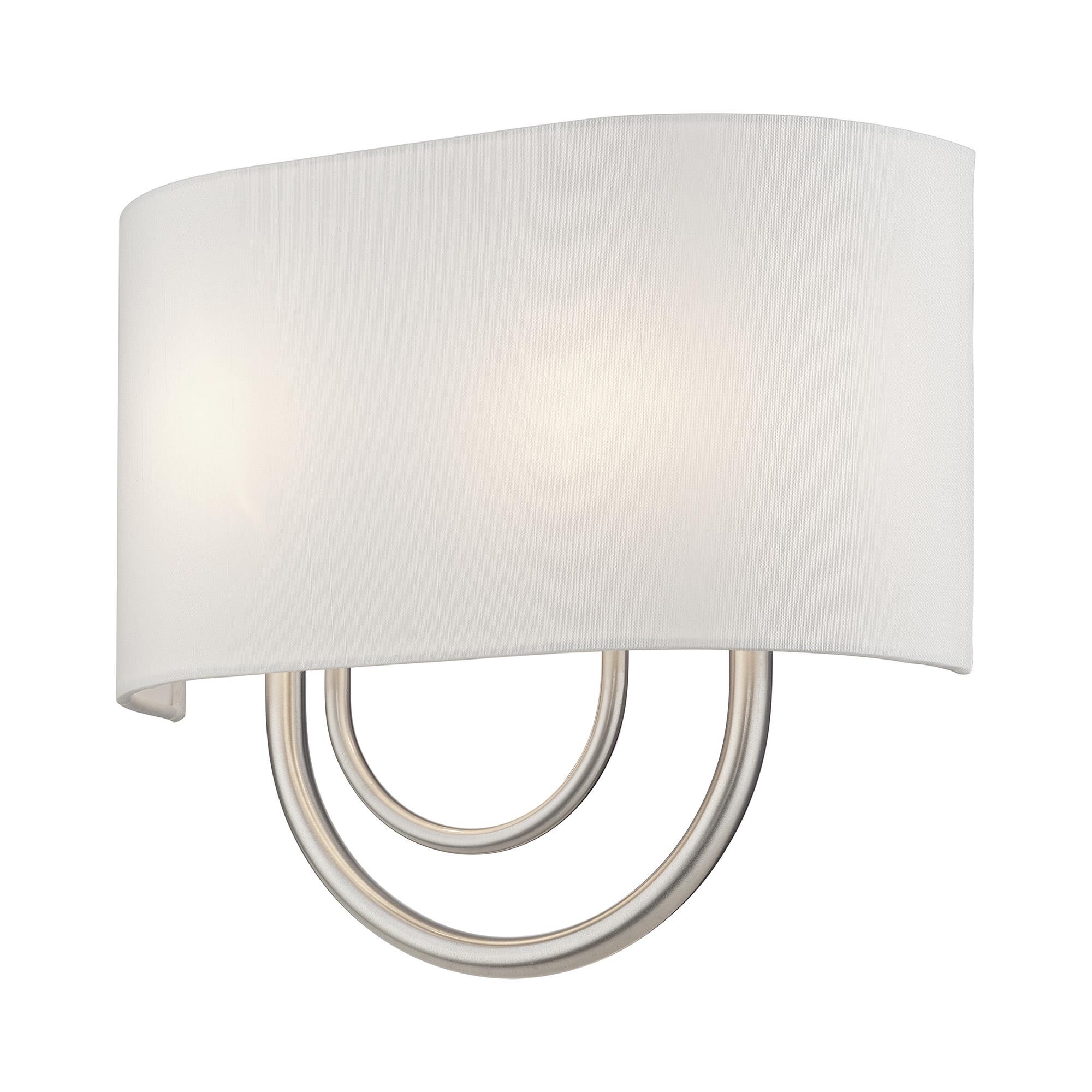 Shown in Brushed Nickel finish and Hand Crafted Off-White Fabric Hardback with White Fabric Inside shade