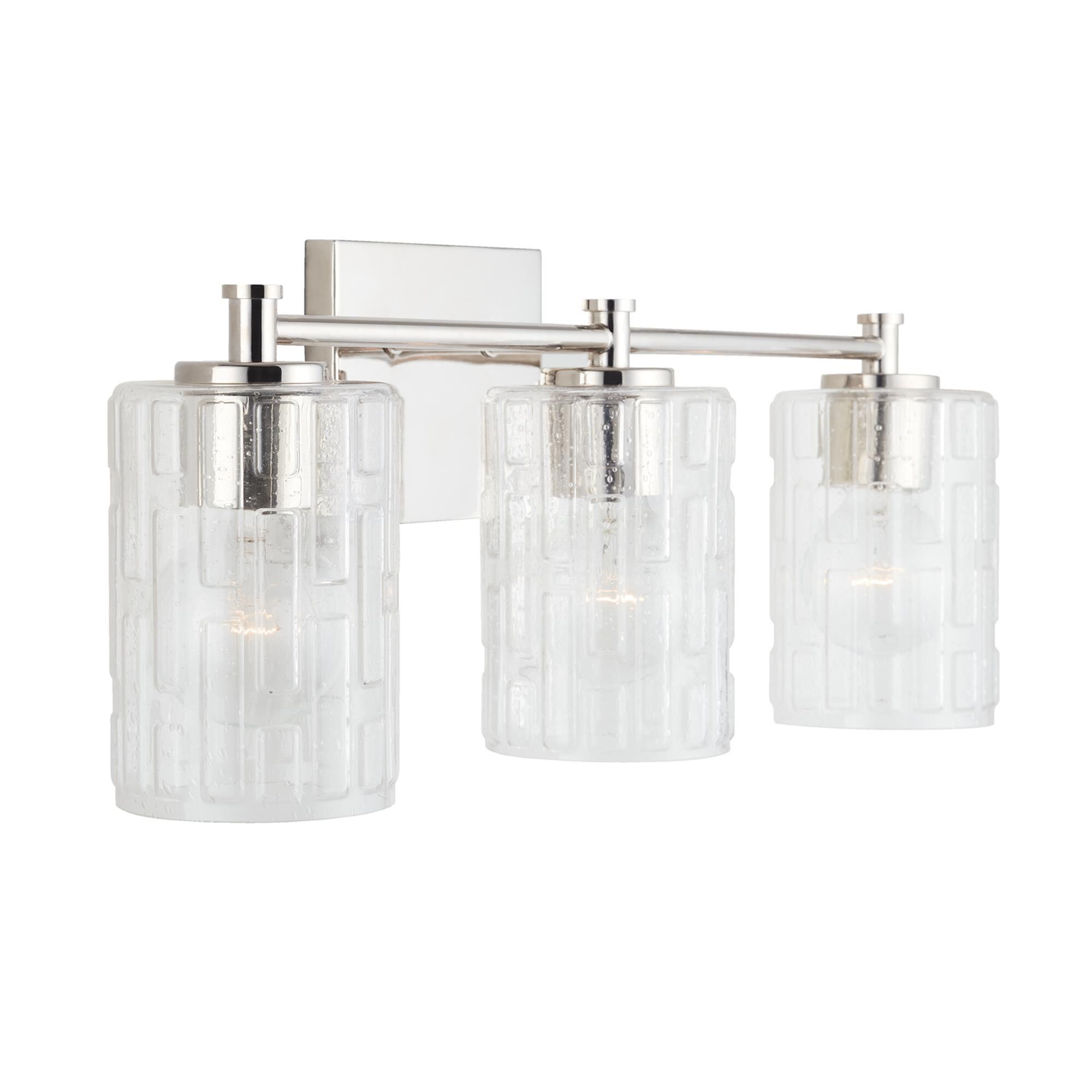 Shown in Polished Nickel finish and Clear Embossed glass