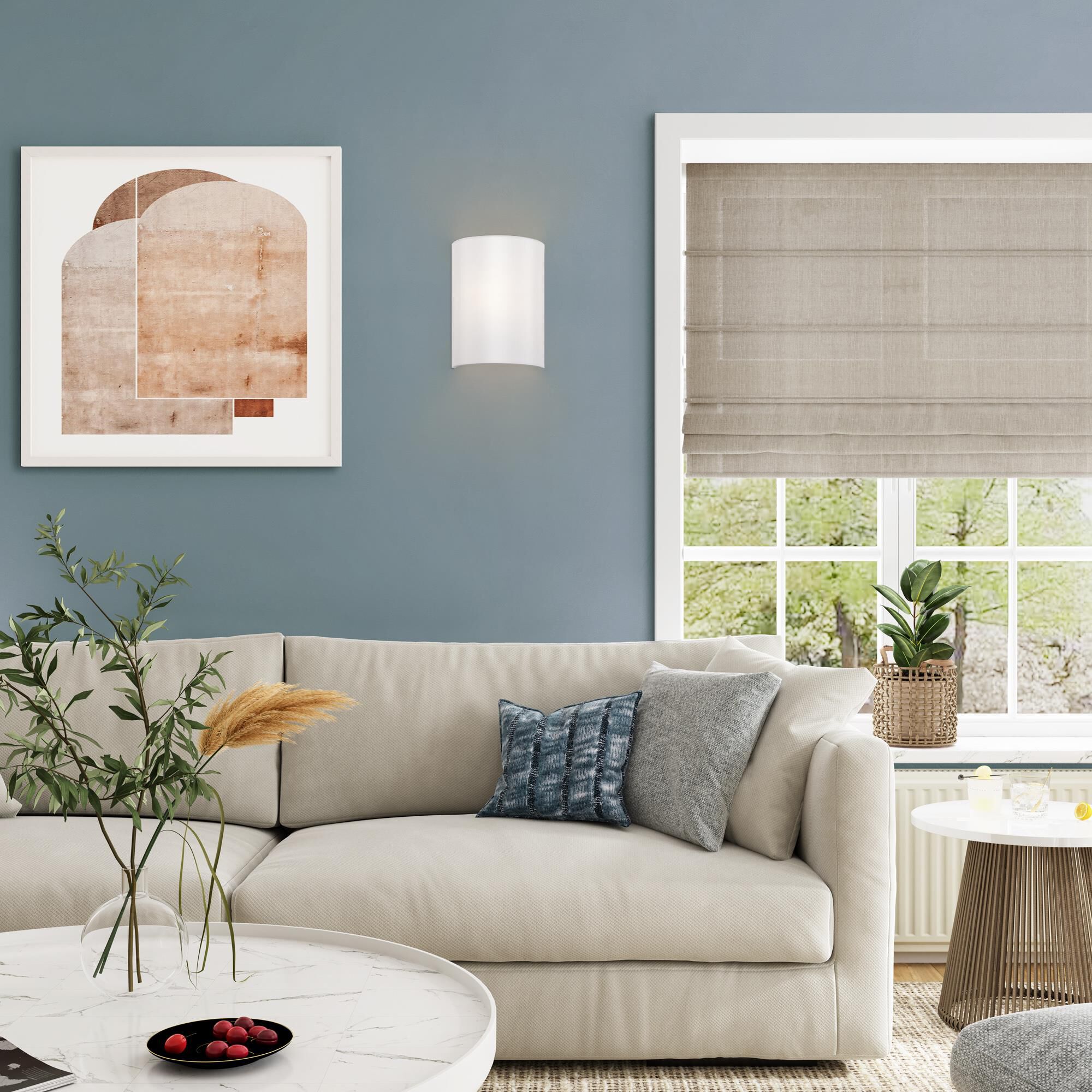 Shown in Shiny White finish and Hand Crafted Off-White Fabric shade