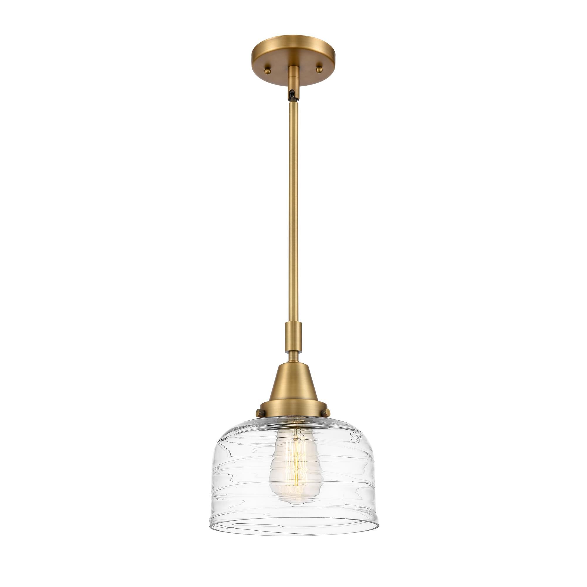 Shown in Brushed Brass finish and Clear Deco Swirl Large Bell glass