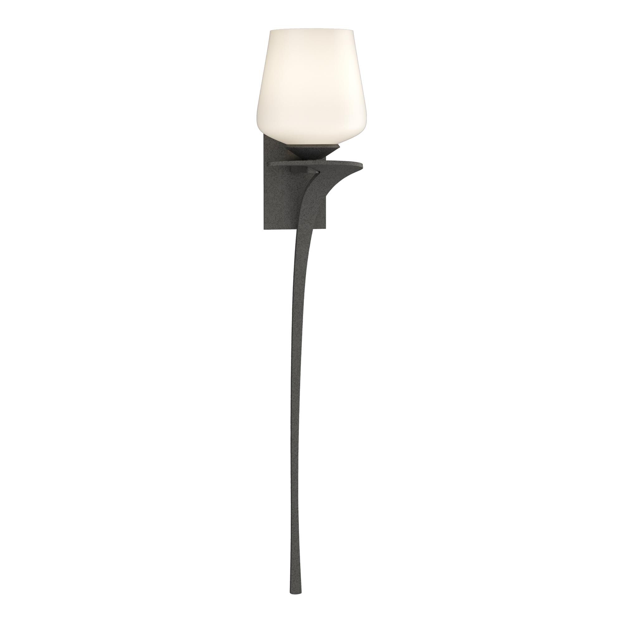 Shown in Natural Iron finish and Opal  glass and Orientation: Right accent
