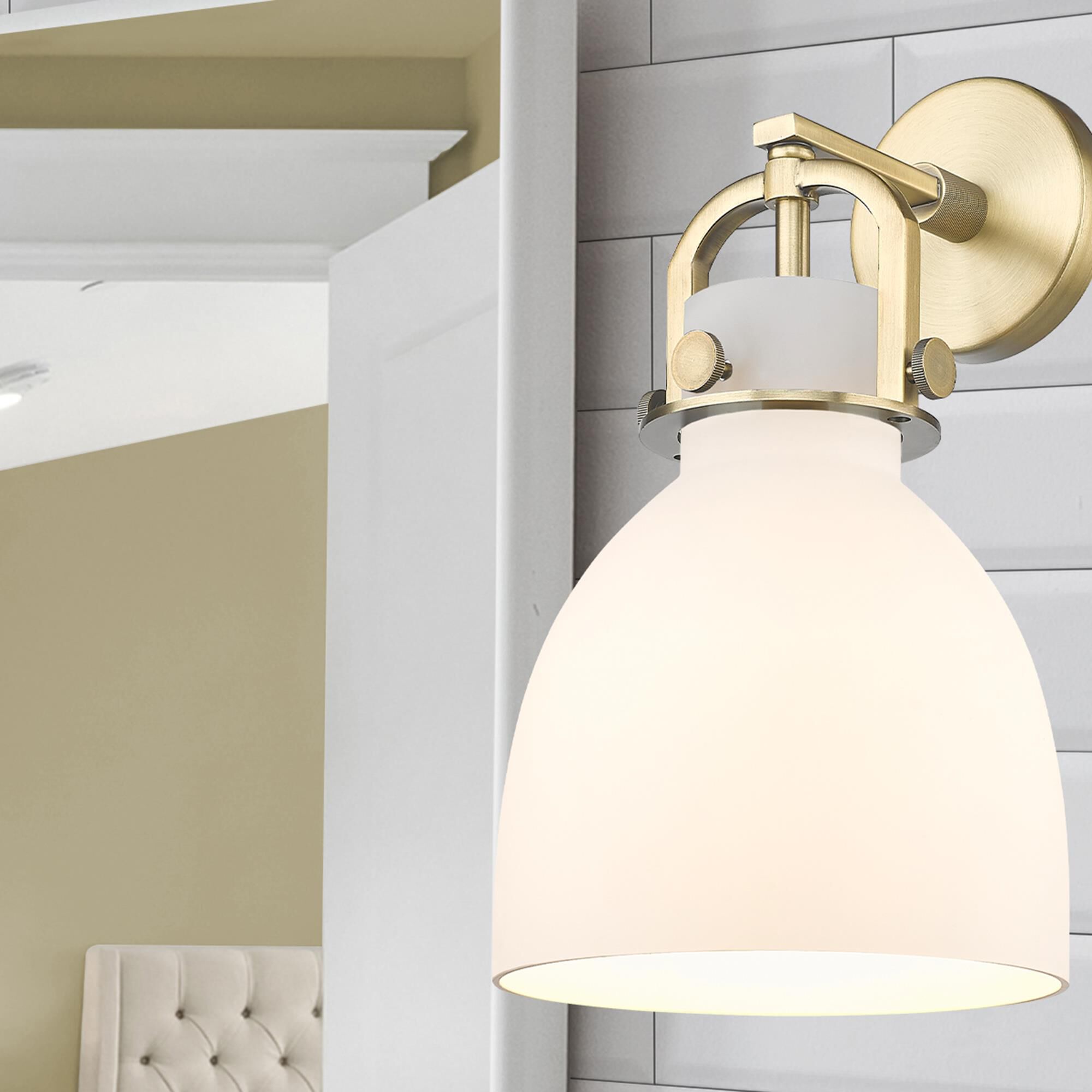 Shown in Brushed Brass finish and Matte White glass