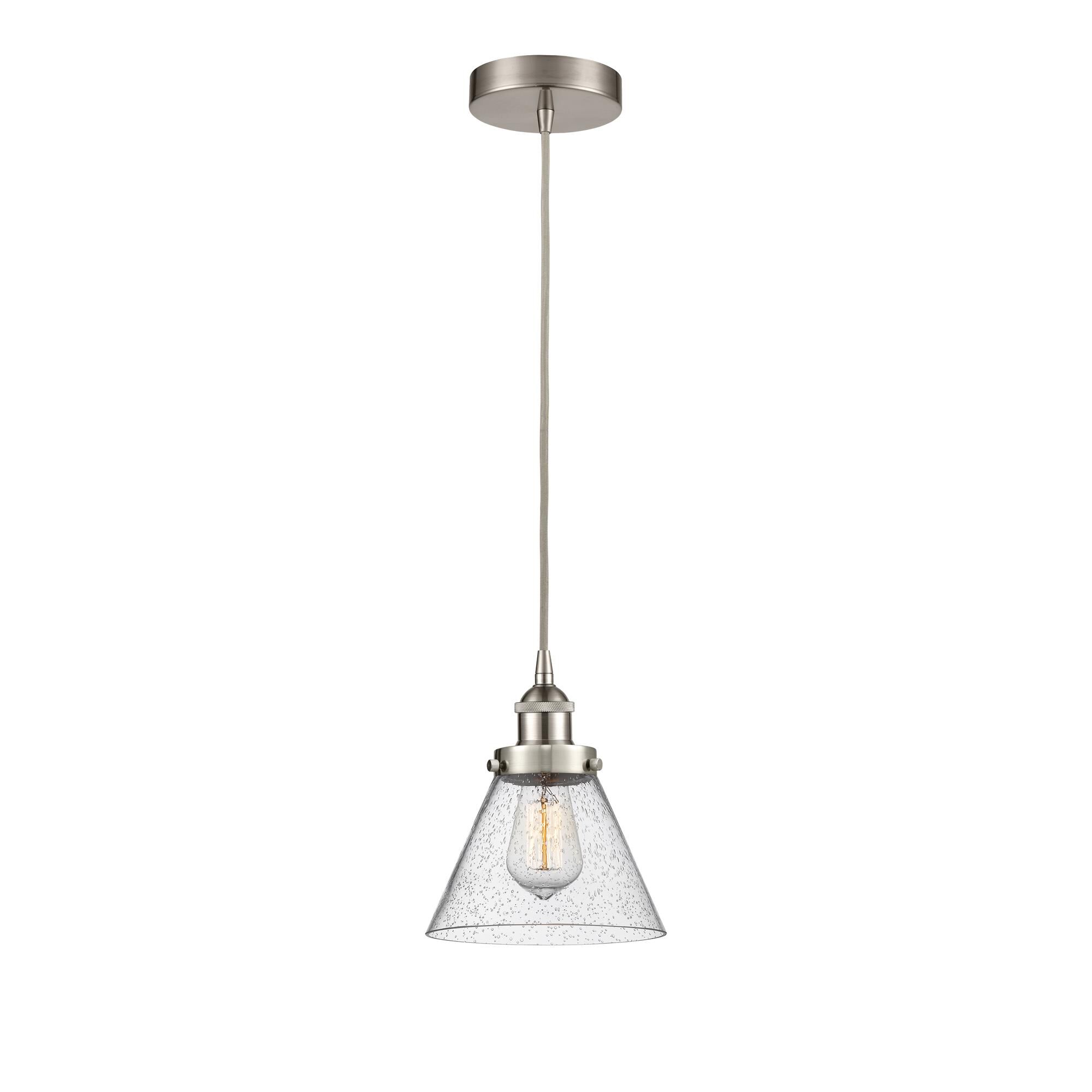 Shown in Brushed Satin Nickel finish and Seedy Large Cone glass