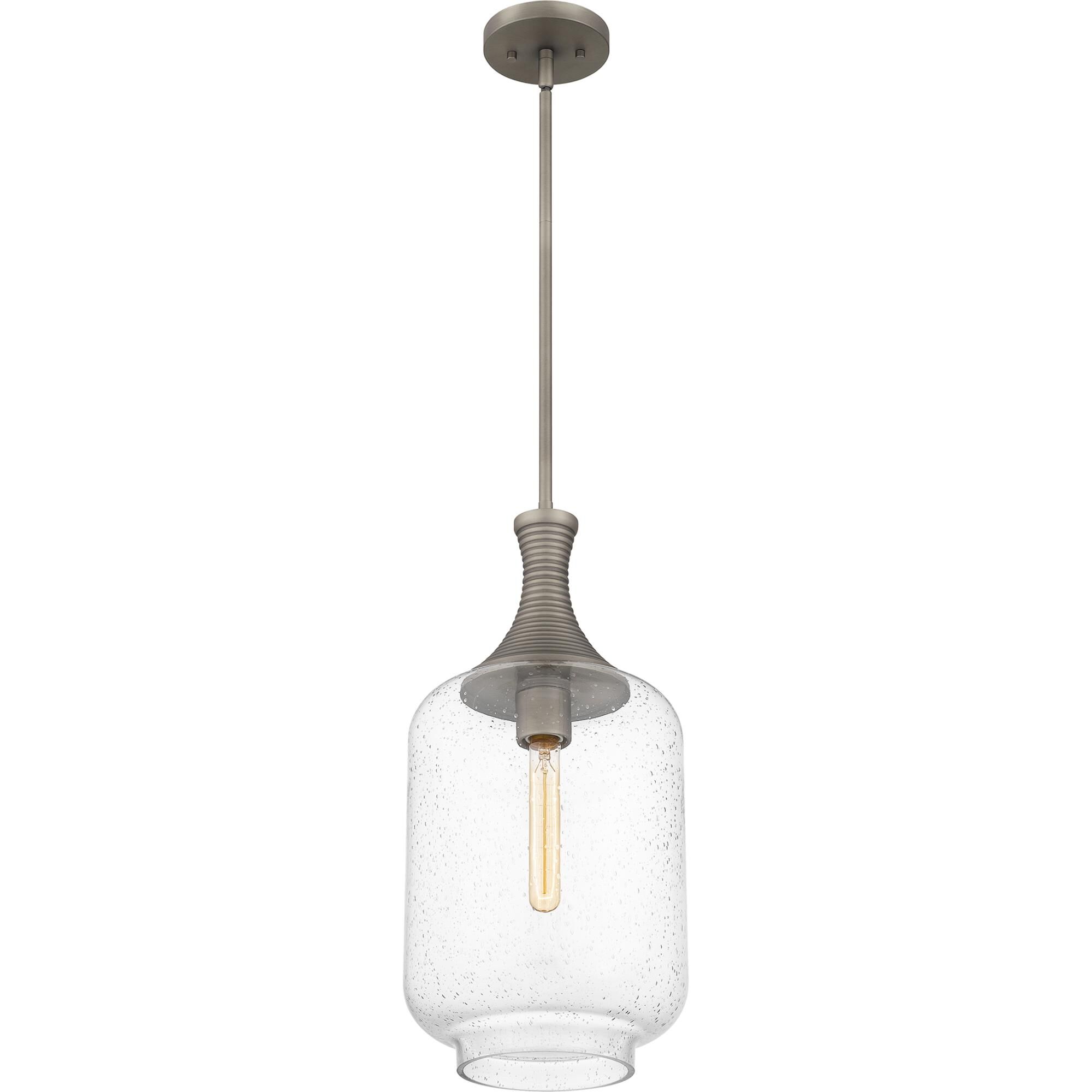 Shown in Antique Nickel finish and Clear Seedy Glass shade
