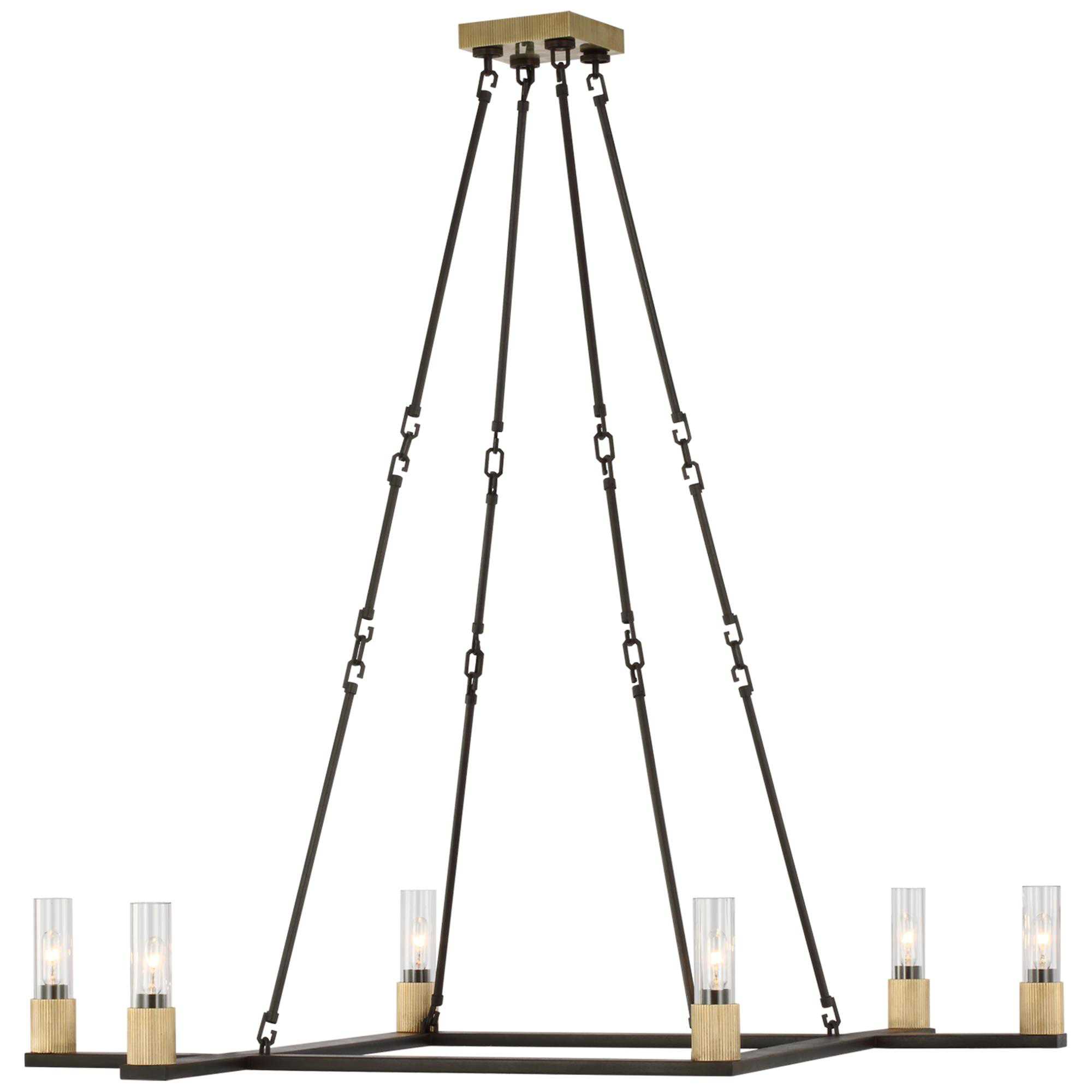 Shown in Warm Iron and Antique Brass finish and Clear glass