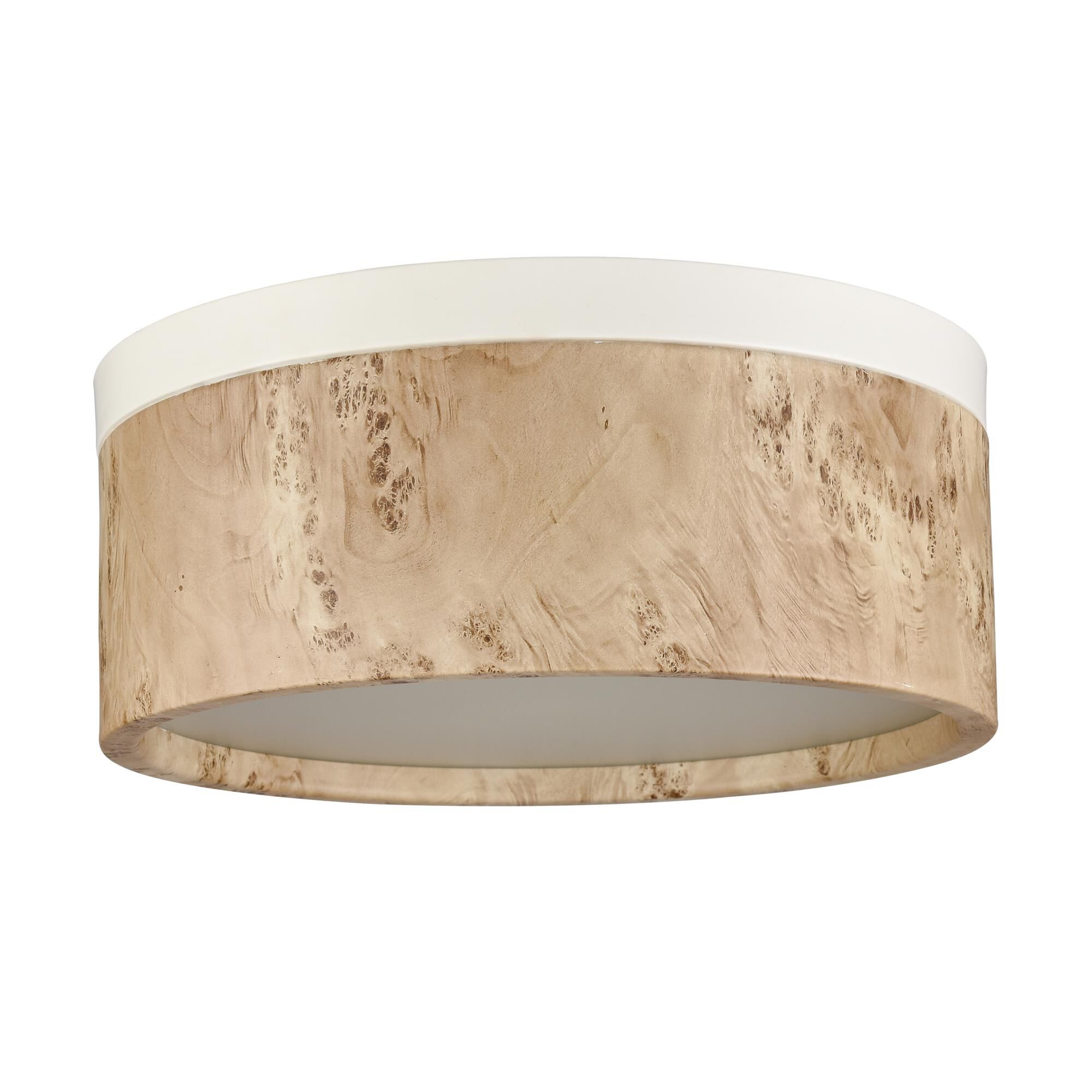 Shown in Matte White finish and Printed Bleached Burlwood Metal Shade glass and Printed Bleached Burlwood Metal shade